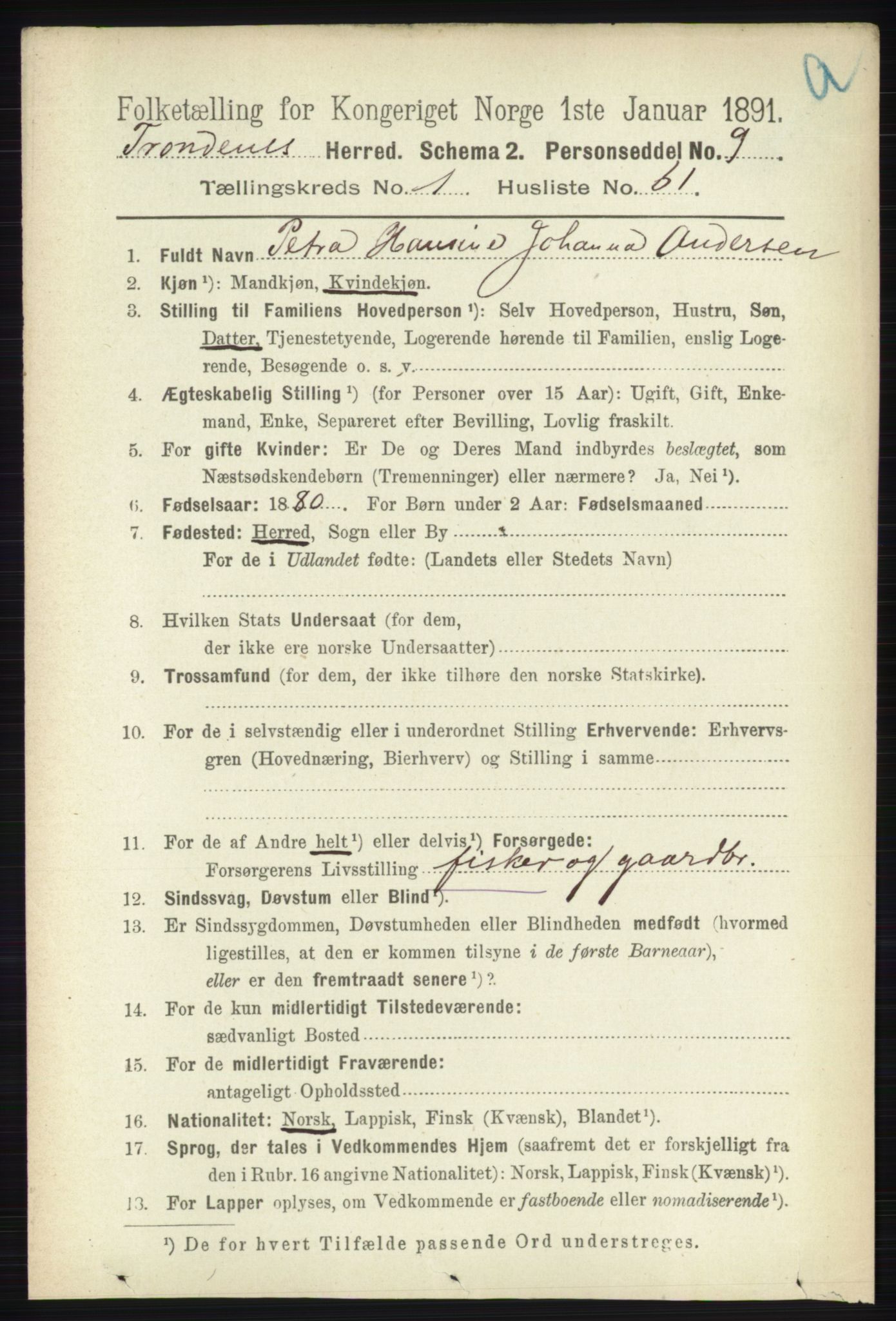 RA, 1891 census for 1914 Trondenes, 1891, p. 539