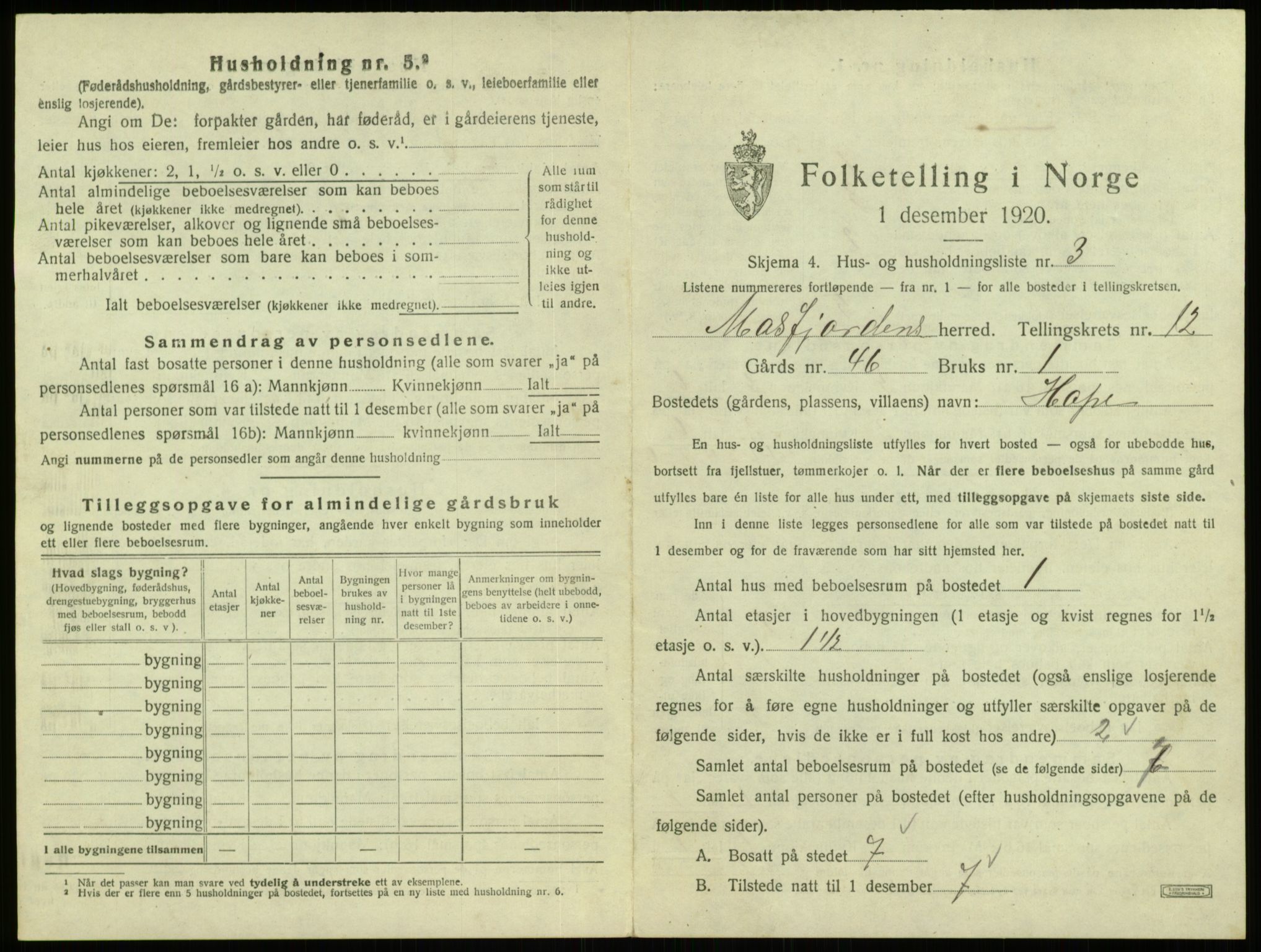 SAB, 1920 census for Masfjorden, 1920, p. 601