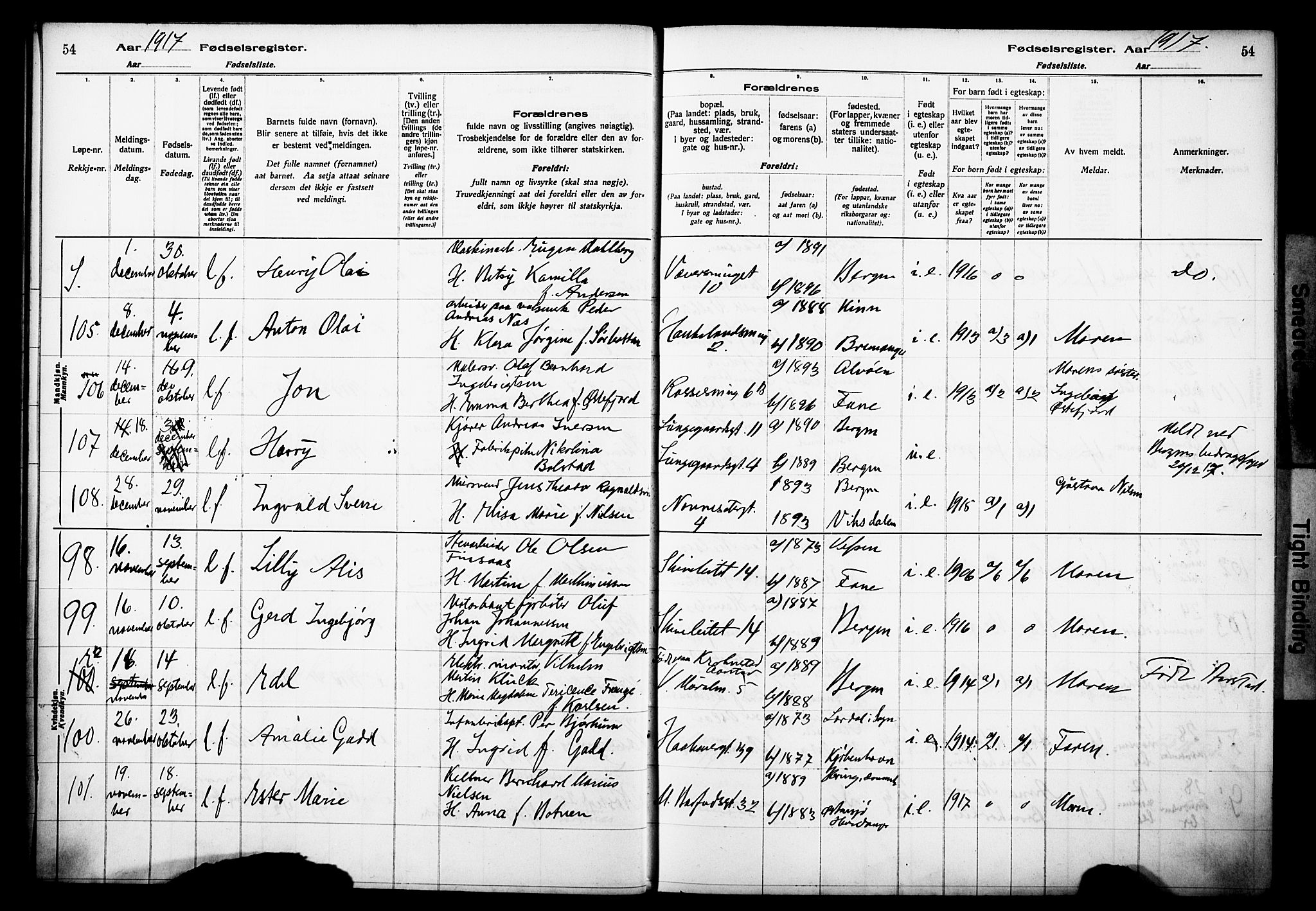 Domkirken sokneprestembete, AV/SAB-A-74801/I/Id/L00A1: Birth register no. A 1, 1916-1923, p. 54