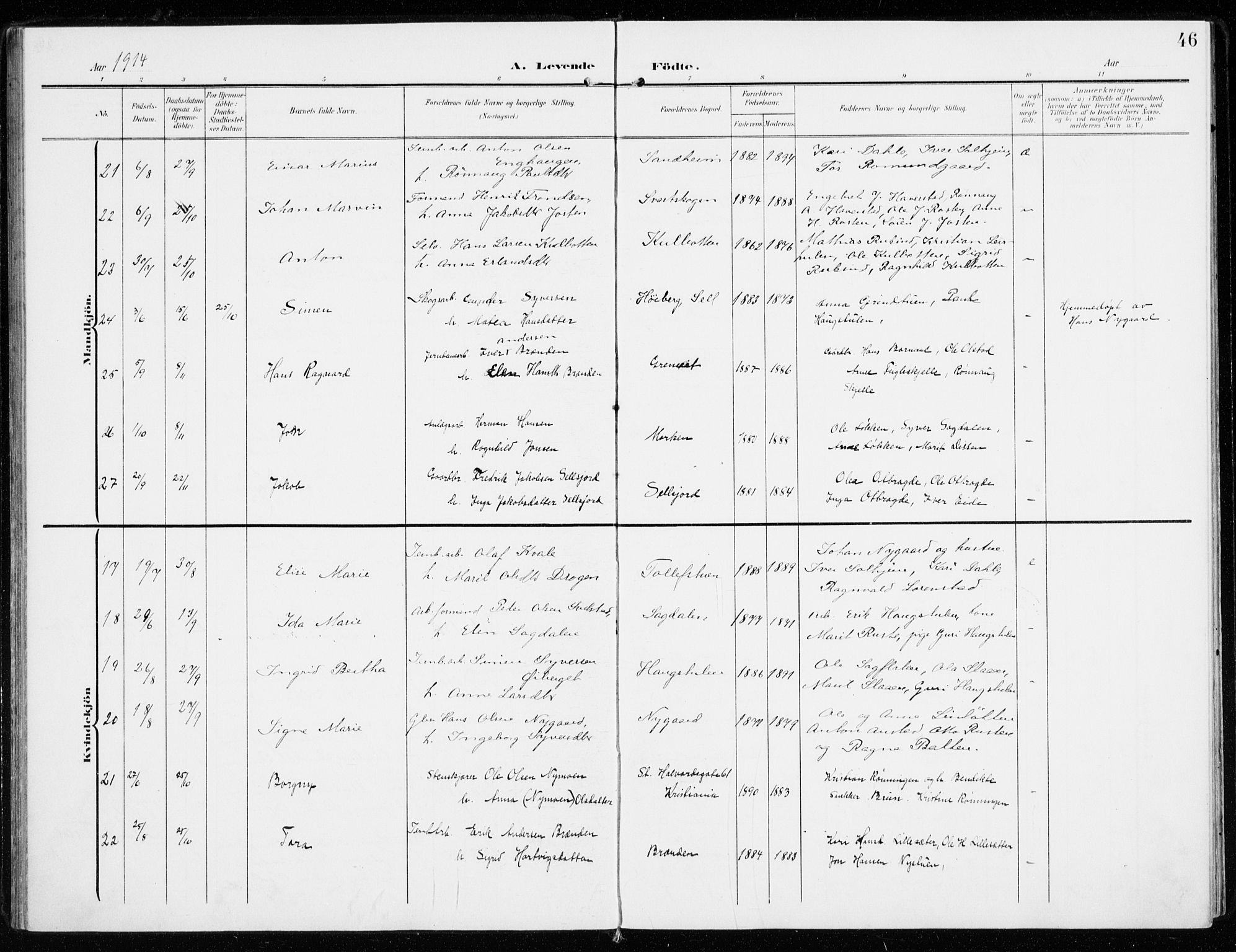 Sel prestekontor, SAH/PREST-074/H/Ha/Haa/L0002: Parish register (official) no. 2, 1905-1919, p. 46