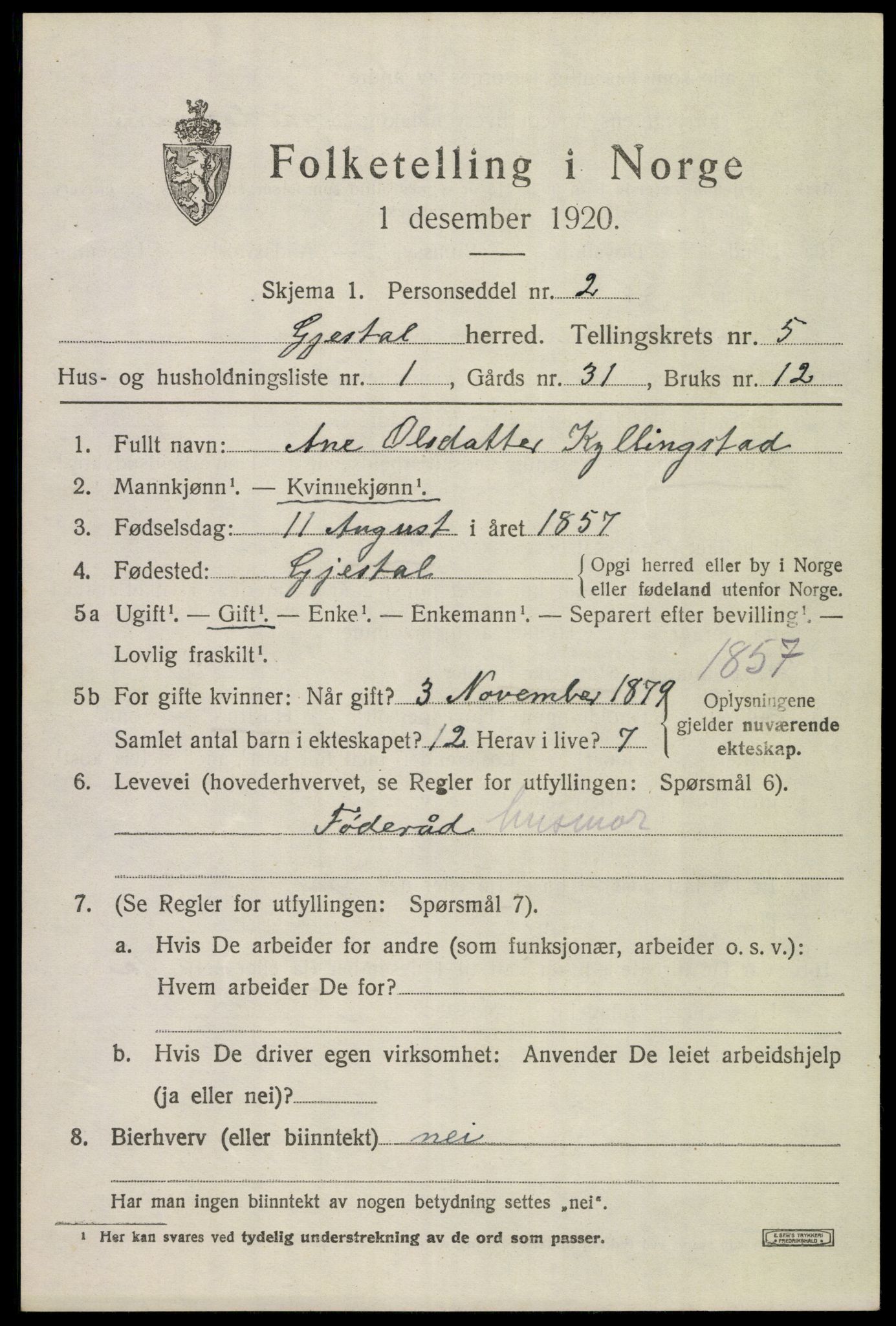 SAST, 1920 census for Gjesdal, 1920, p. 3102