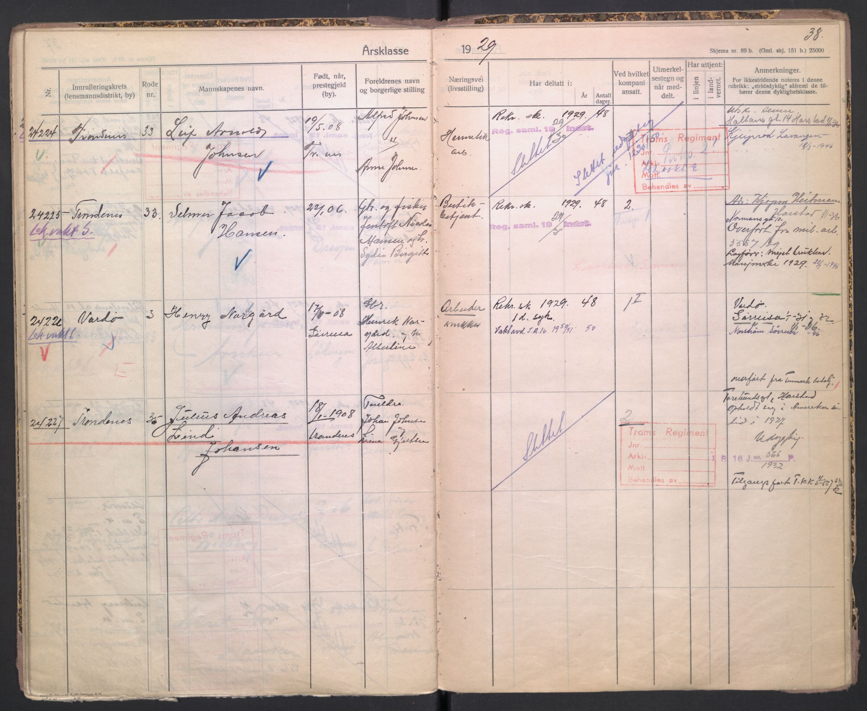 Forsvaret, Troms infanteriregiment nr. 16, AV/RA-RAFA-3146/P/Pa/L0004/0009: Ruller / Rulle for Trondenes bataljons menige mannskaper, årsklasse 1929, 1929, p. 38