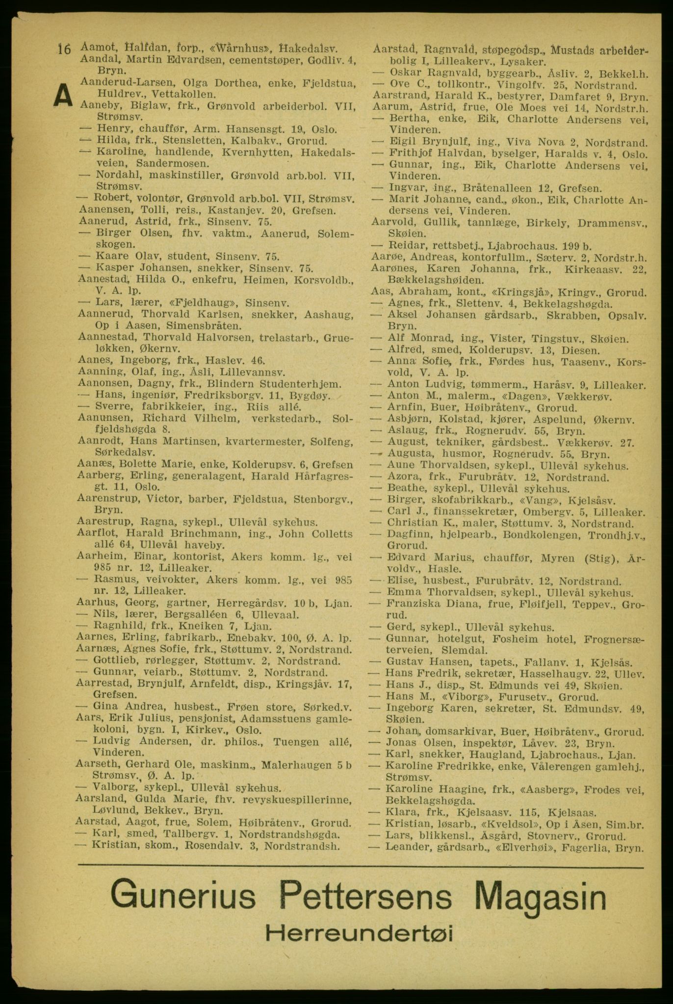 Aker adressebok/adressekalender, PUBL/001/A/004: Aker adressebok, 1929, p. 16