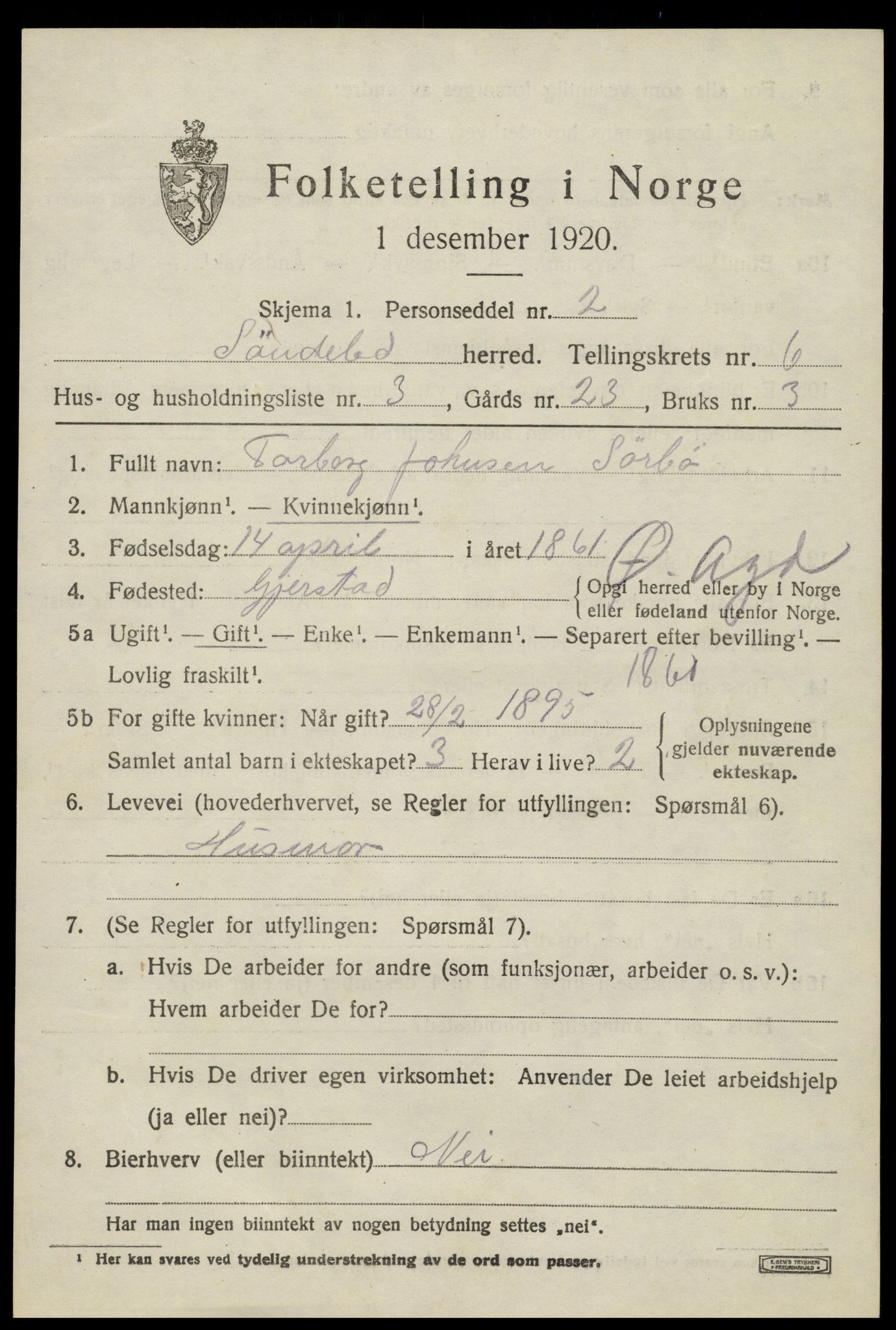 SAK, 1920 census for Søndeled, 1920, p. 3733