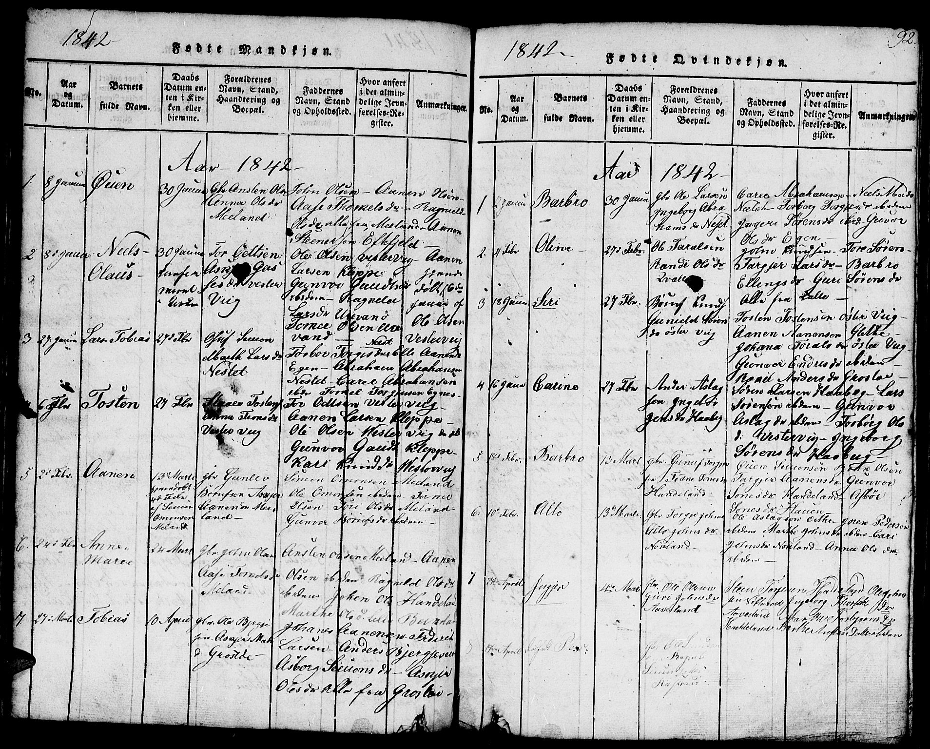 Hægebostad sokneprestkontor, AV/SAK-1111-0024/F/Fb/Fbb/L0001: Parish register (copy) no. B 1, 1816-1850, p. 92