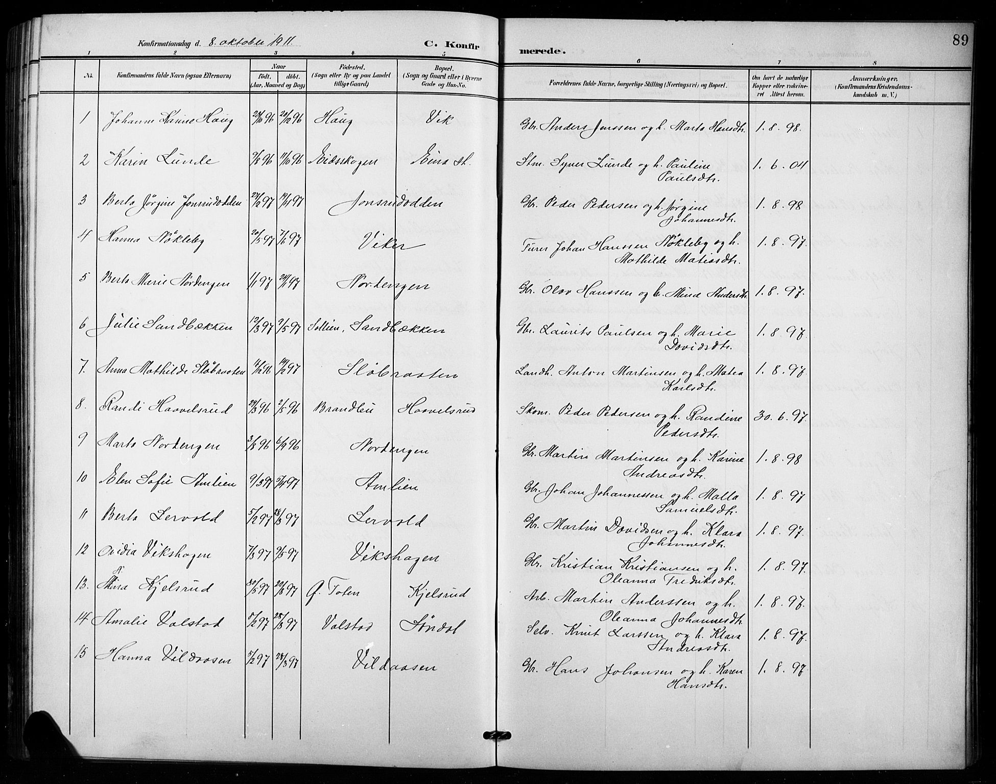 Vestre Toten prestekontor, AV/SAH-PREST-108/H/Ha/Hab/L0016: Parish register (copy) no. 16, 1901-1915, p. 89