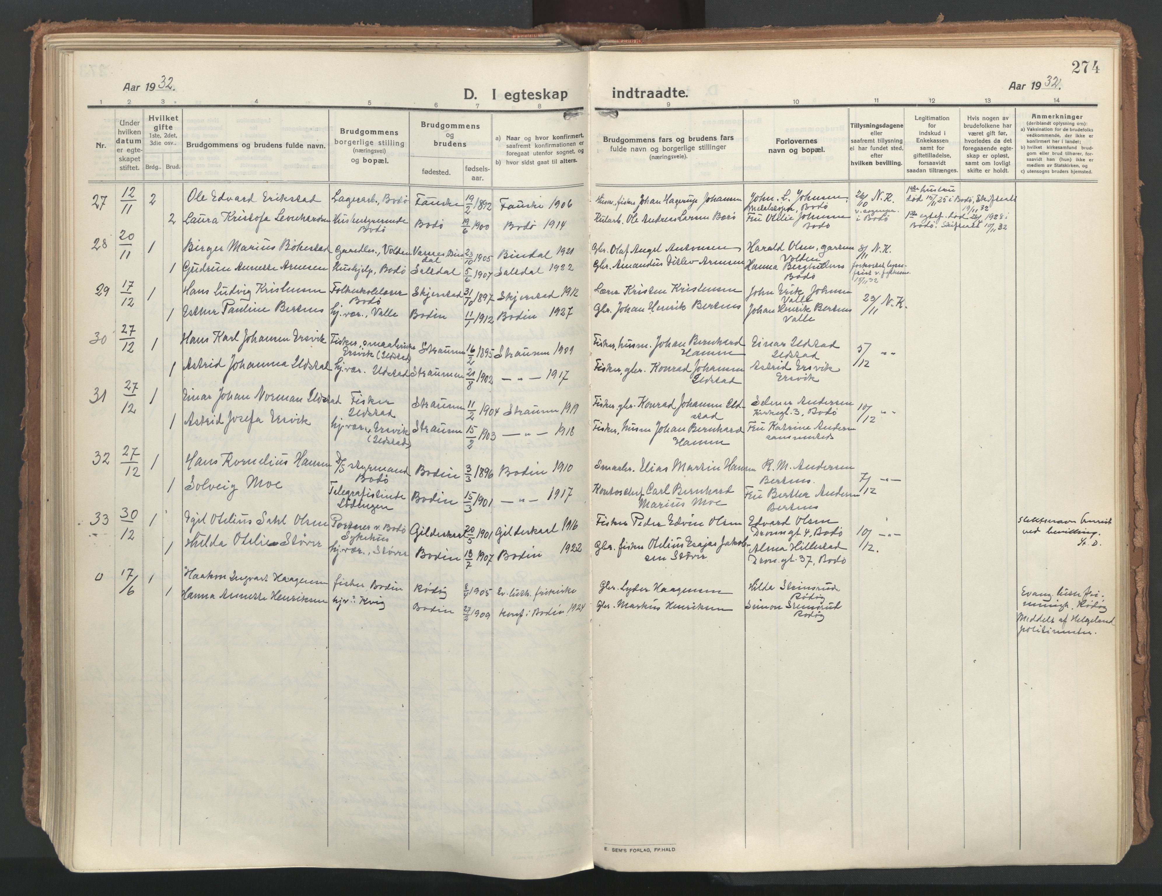 Ministerialprotokoller, klokkerbøker og fødselsregistre - Nordland, AV/SAT-A-1459/802/L0060: Parish register (official) no. 802A07, 1916-1933, p. 274