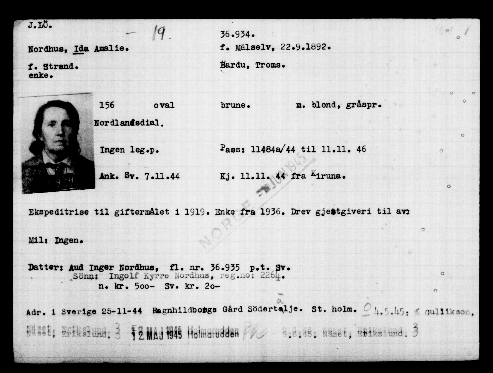 Utenriksstasjonene, Legasjonen i Stockholm, Flyktningkontoret, AV/RA-S-6753/V/Va/L0014: Kjesäterkartoteket, flyktninger med registreringsnr. 34700-37855, 1940-1945, p. 2352
