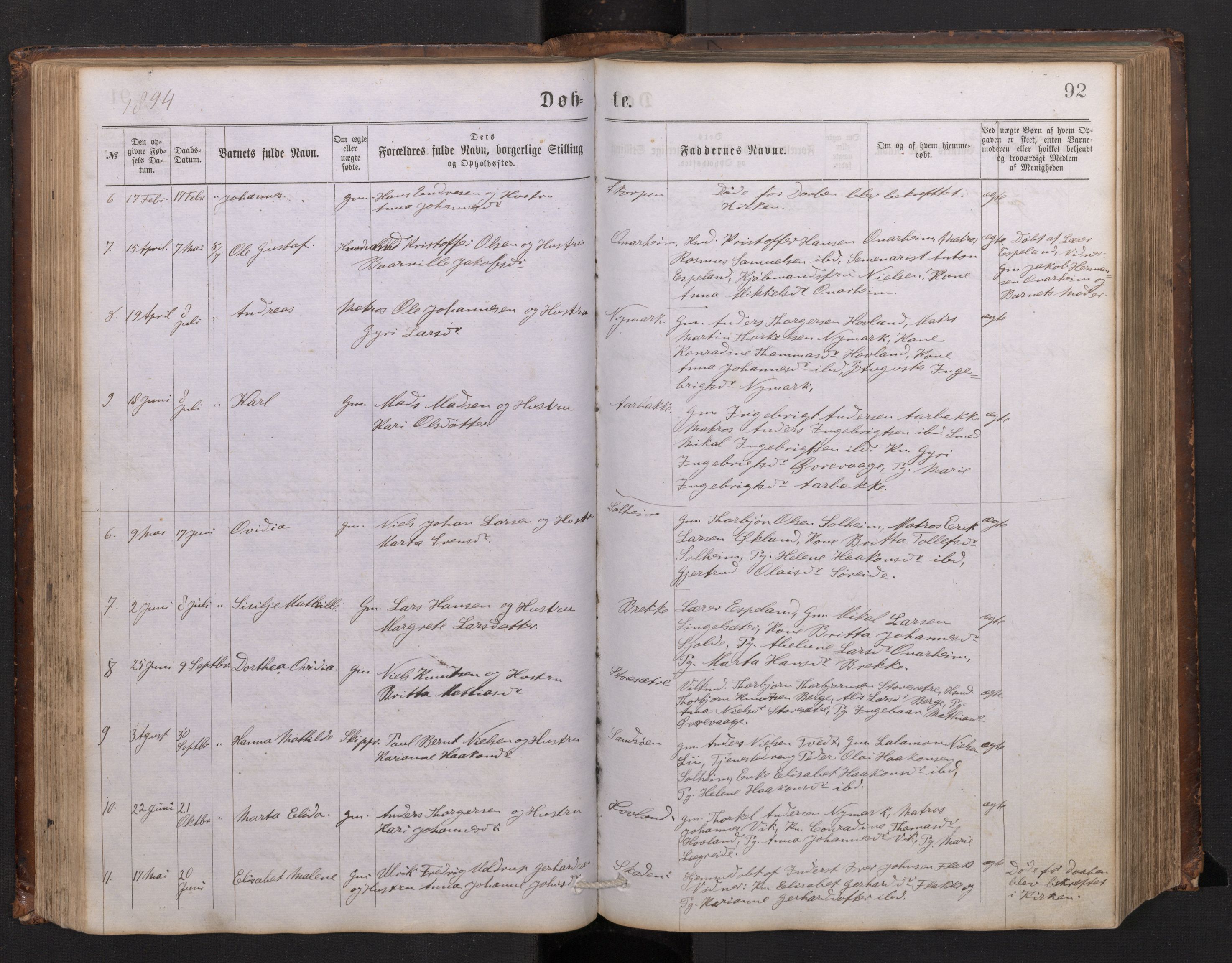Tysnes sokneprestembete, SAB/A-78601/H/Hab: Parish register (copy) no. C 1, 1873-1895, p. 91b-92a