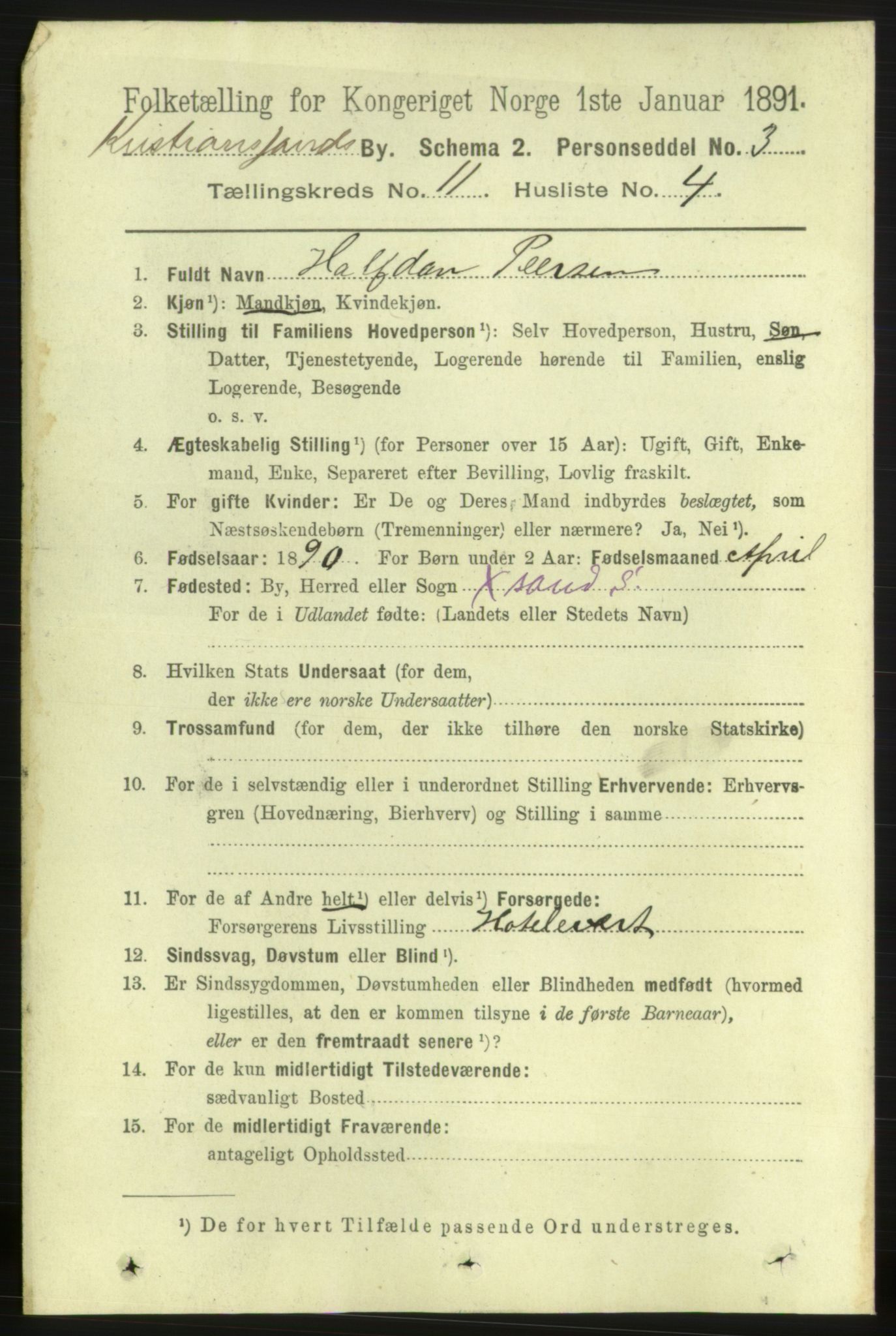 RA, 1891 census for 1001 Kristiansand, 1891, p. 5603