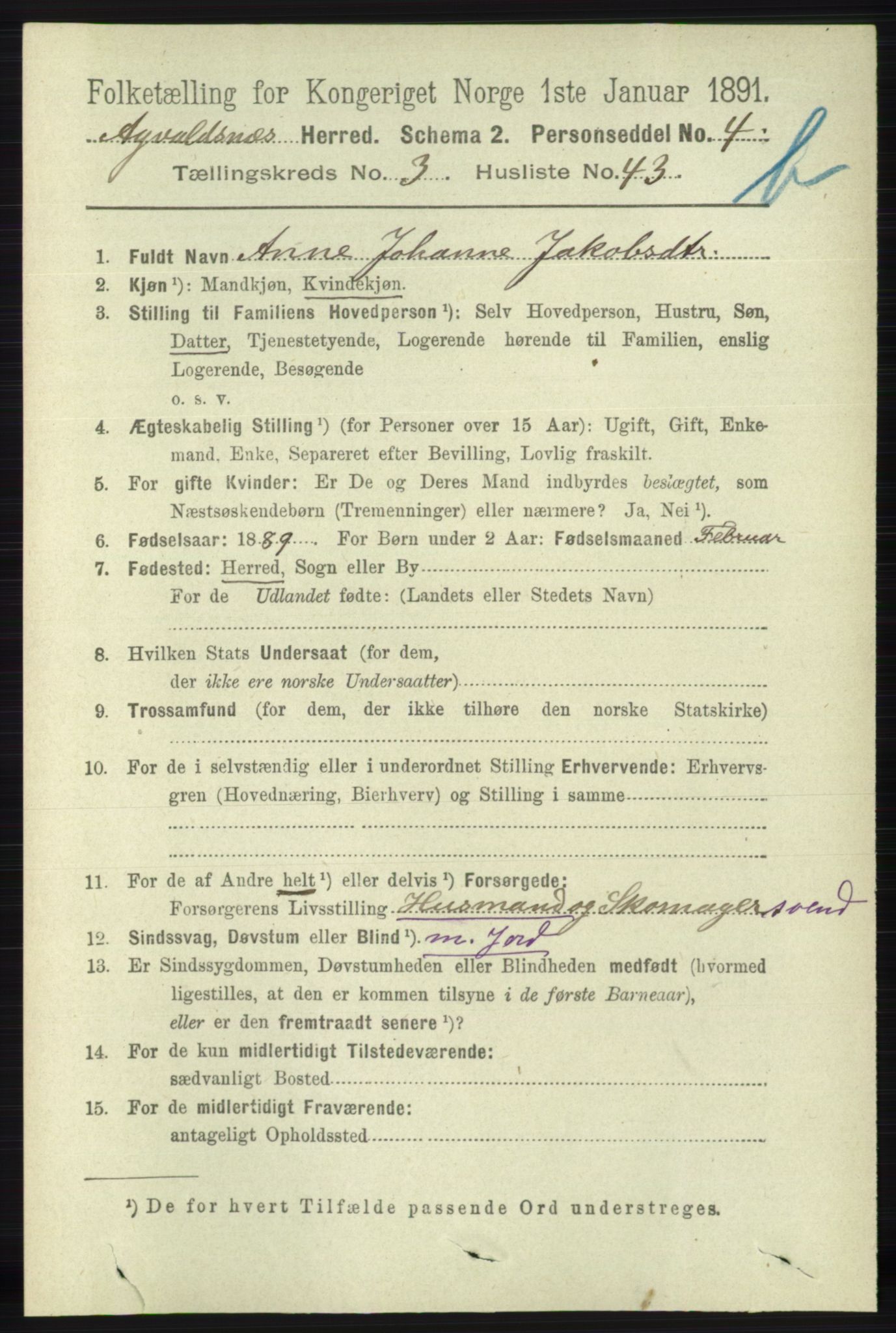 RA, 1891 census for 1147 Avaldsnes, 1891, p. 2775