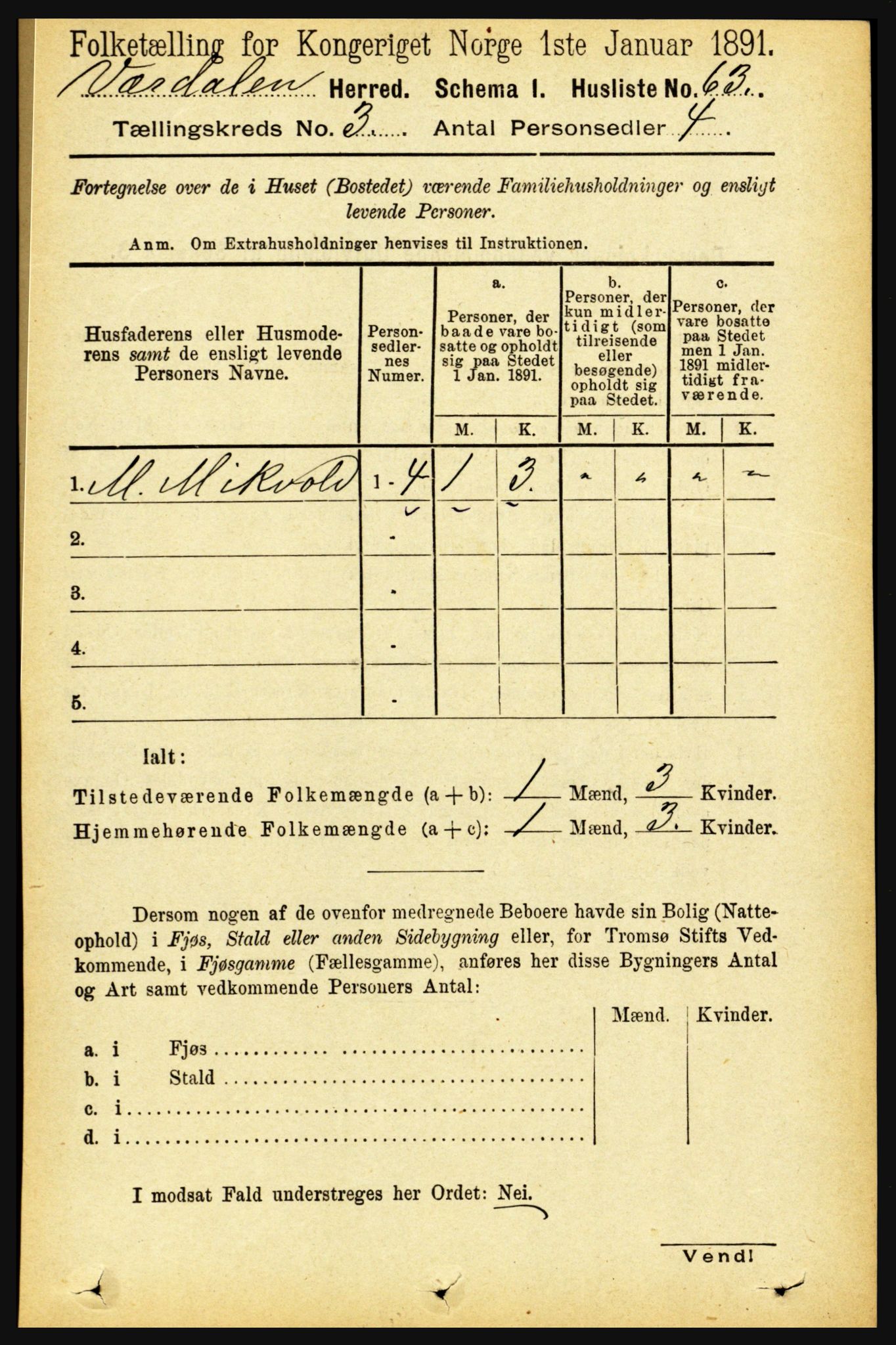 RA, 1891 census for 1721 Verdal, 1891, p. 1722