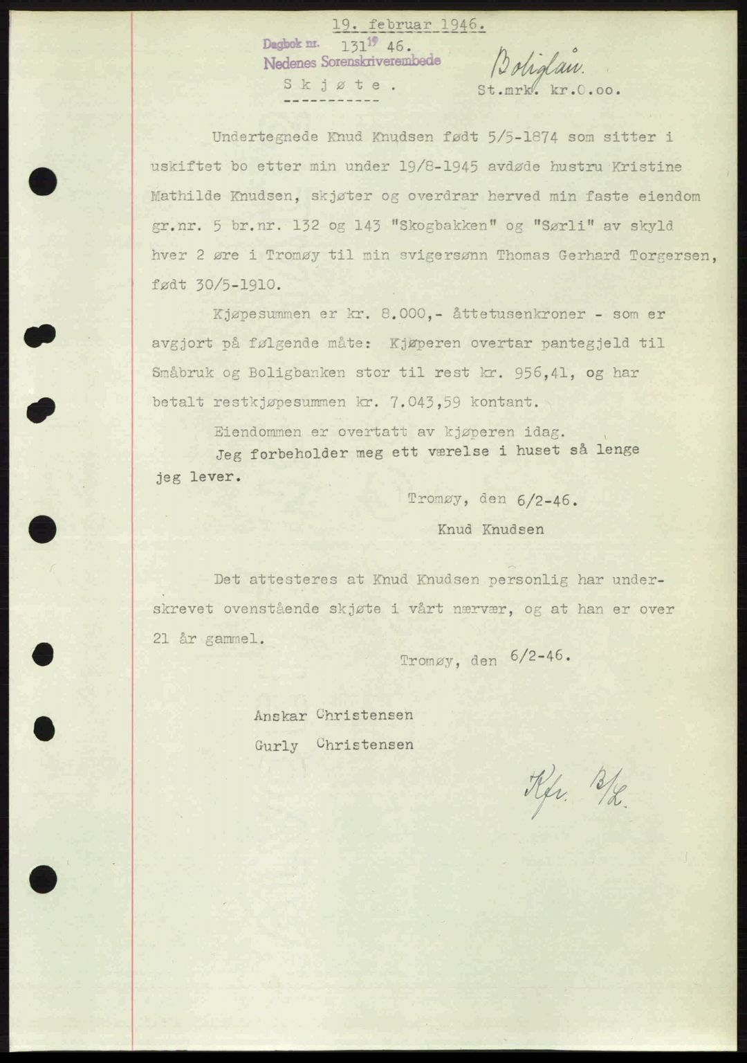 Nedenes sorenskriveri, SAK/1221-0006/G/Gb/Gba/L0054: Mortgage book no. A6c, 1946-1946, Diary no: : 131/1946