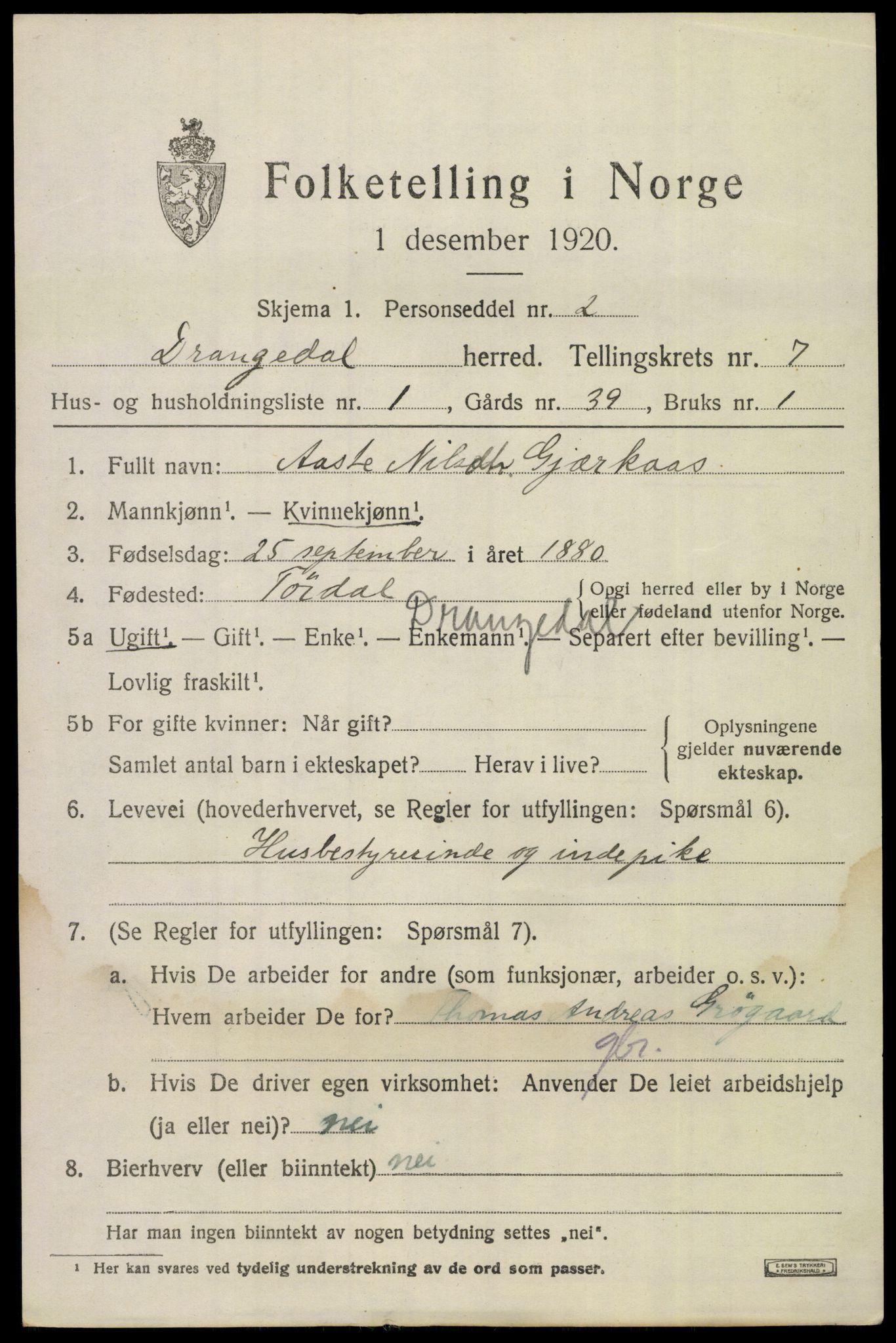 SAKO, 1920 census for Drangedal, 1920, p. 4473