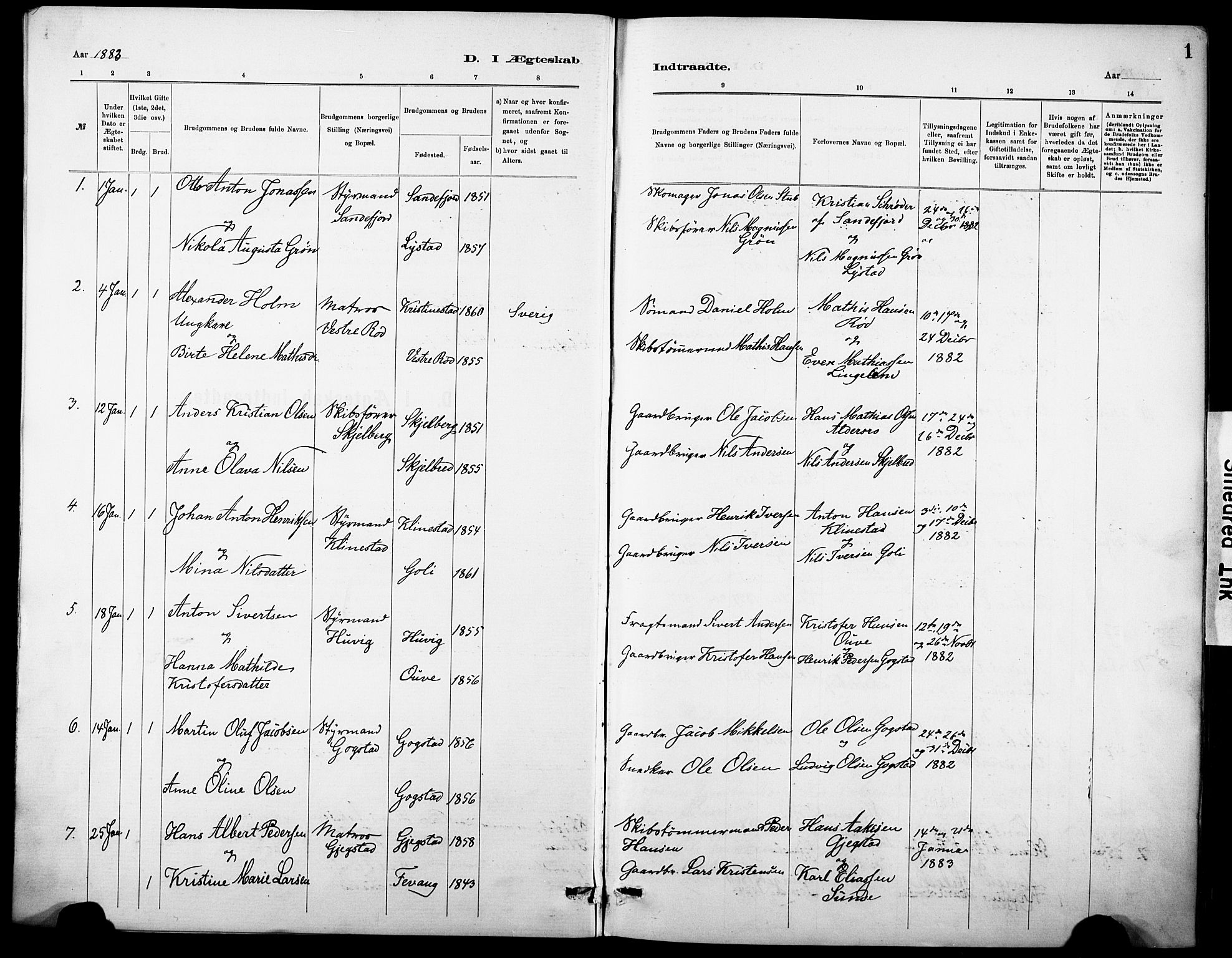 Sandar kirkebøker, SAKO/A-243/F/Fa/L0013: Parish register (official) no. 13, 1883-1895, p. 1