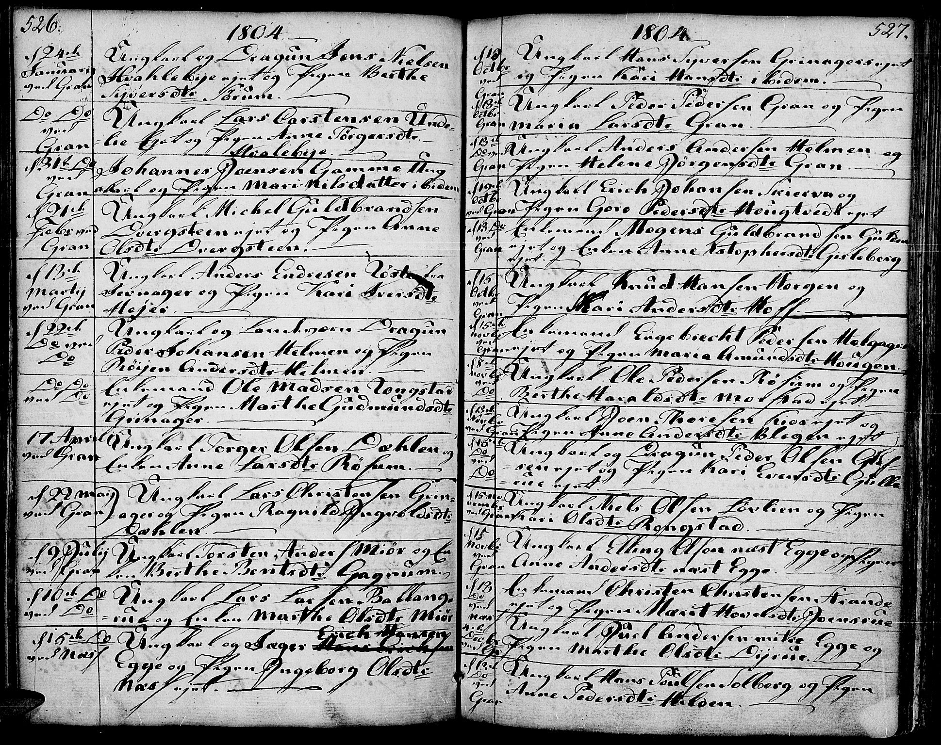 Gran prestekontor, SAH/PREST-112/H/Ha/Haa/L0006: Parish register (official) no. 6, 1787-1824, p. 526-527
