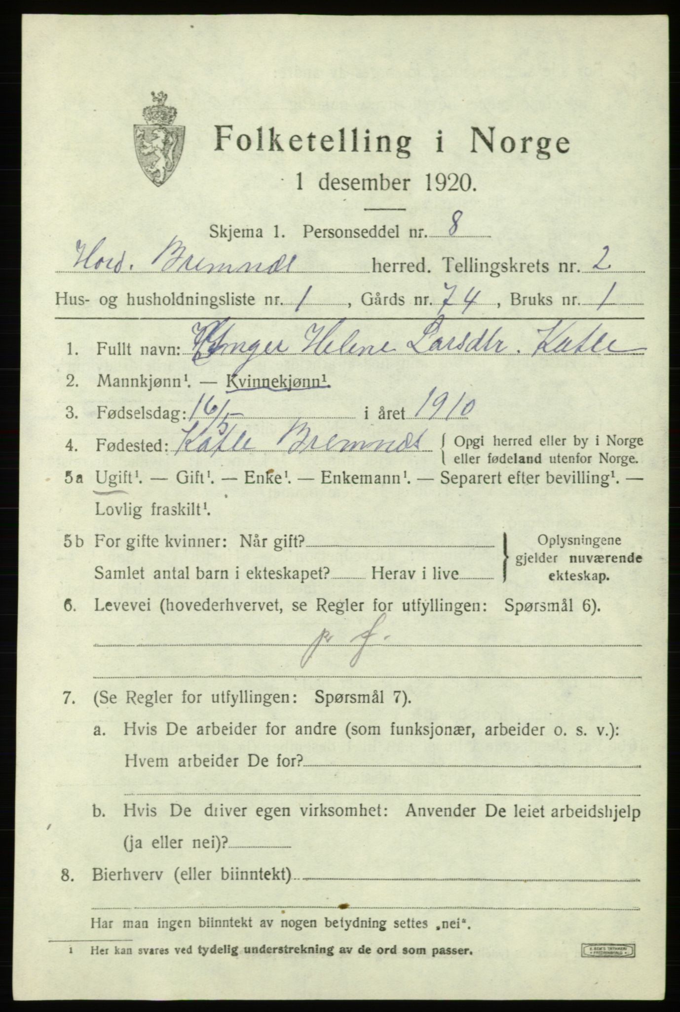 SAB, 1920 census for Bremnes, 1920, p. 1304