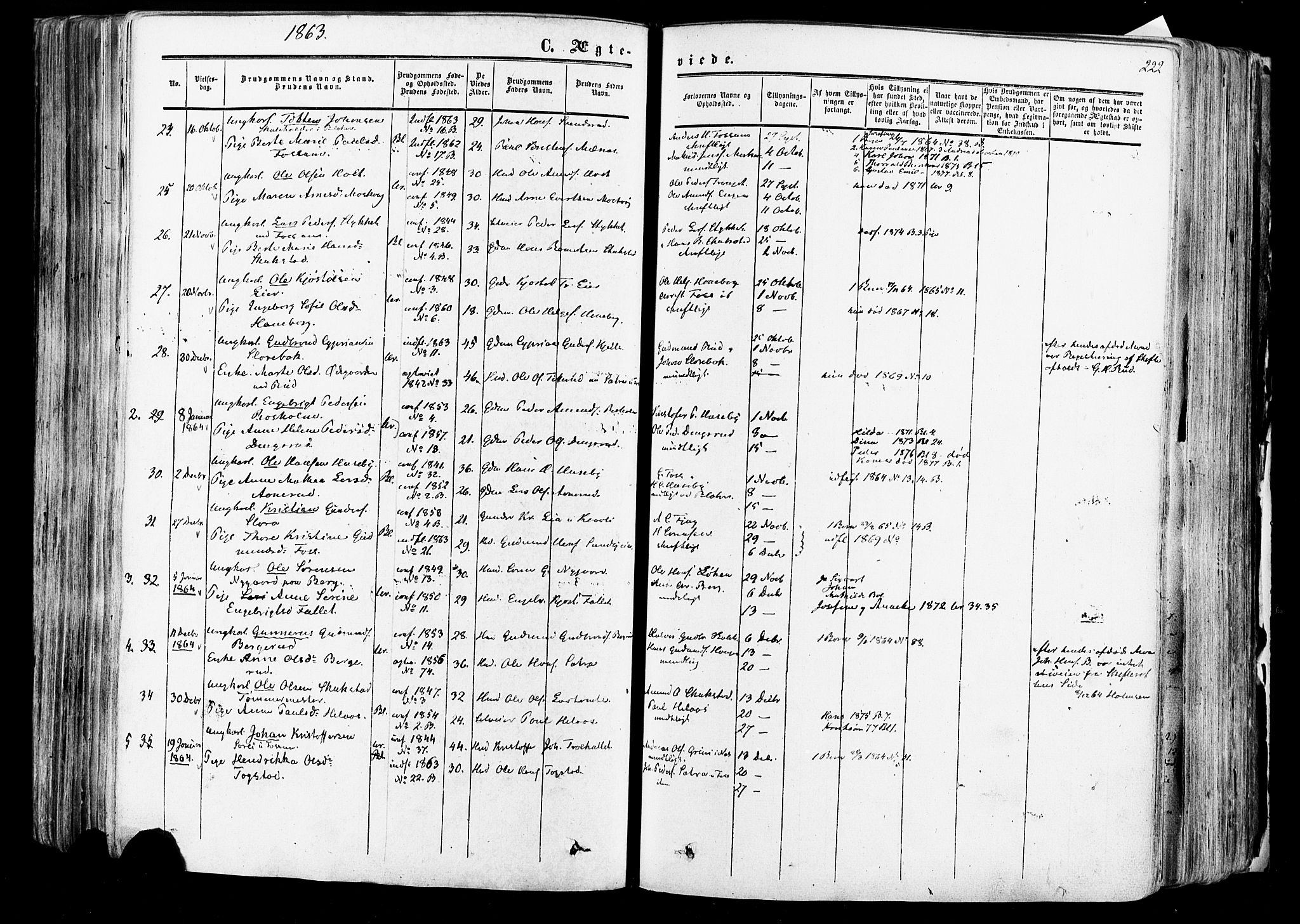 Aurskog prestekontor Kirkebøker, SAO/A-10304a/F/Fa/L0007: Parish register (official) no. I 7, 1854-1877, p. 222