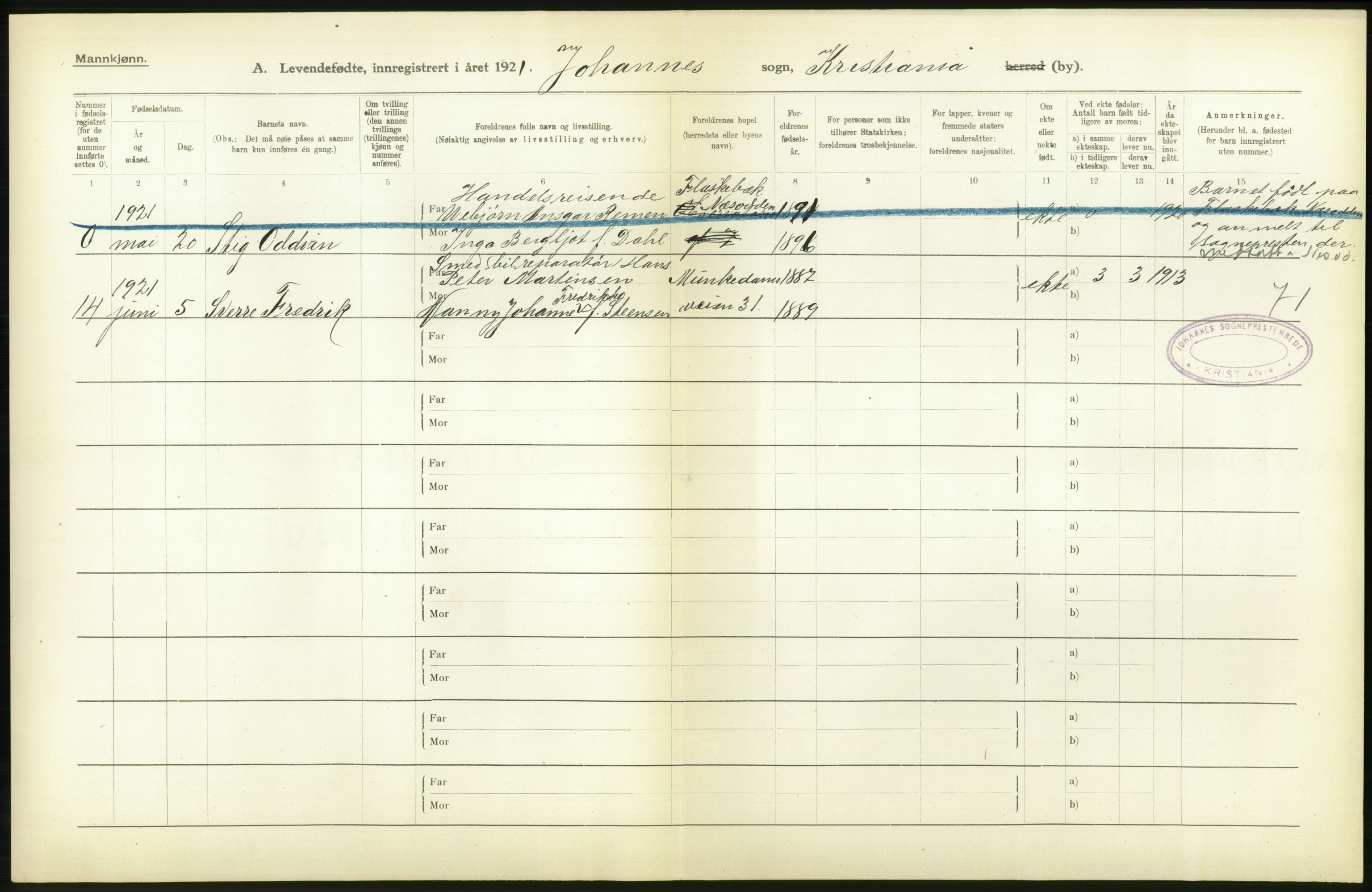 Statistisk sentralbyrå, Sosiodemografiske emner, Befolkning, AV/RA-S-2228/D/Df/Dfc/Dfca/L0009: Kristiania: Levendefødte menn og kvinner., 1921, p. 486