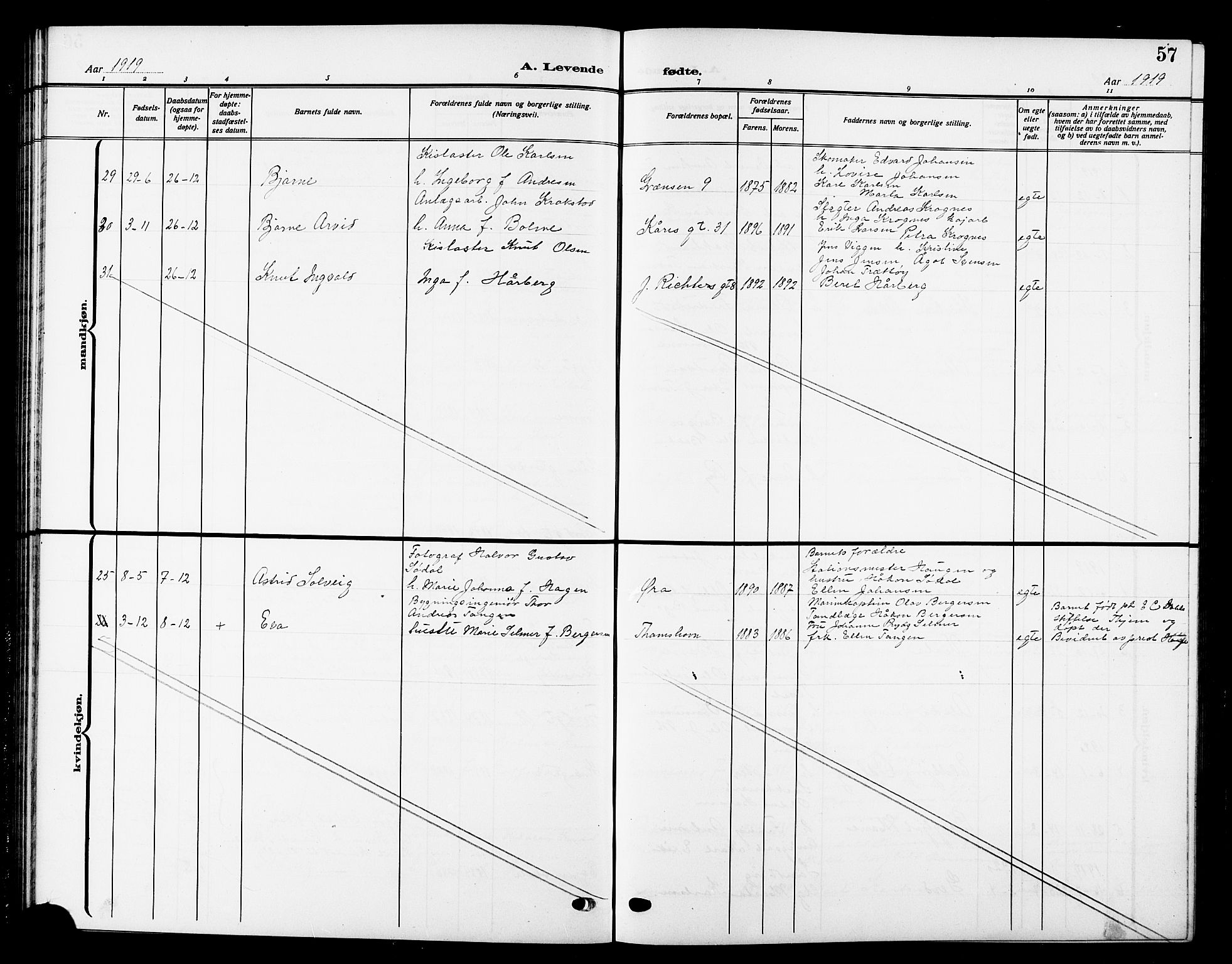 Ministerialprotokoller, klokkerbøker og fødselsregistre - Sør-Trøndelag, SAT/A-1456/669/L0831: Parish register (copy) no. 669C01, 1909-1924, p. 57