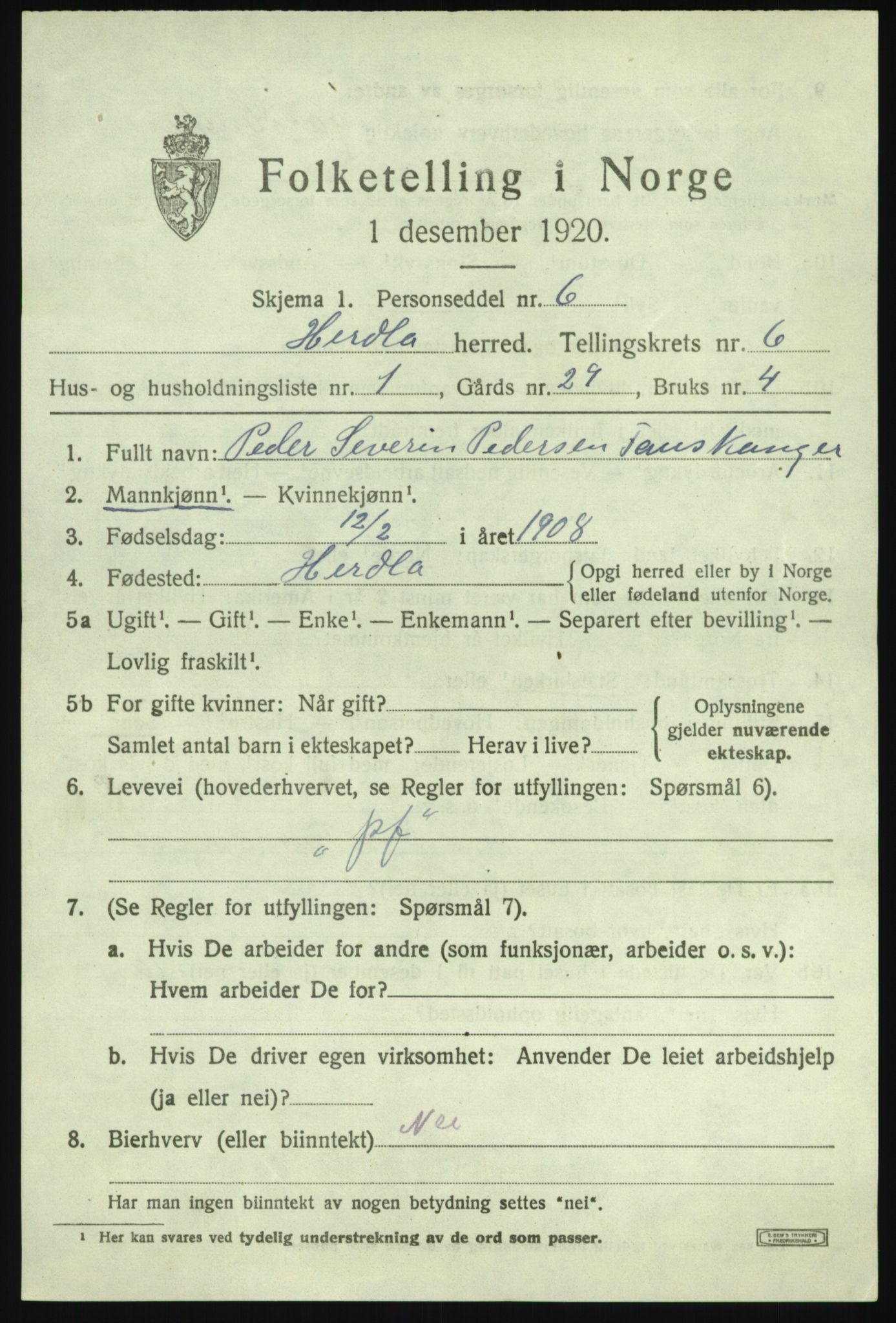 SAB, 1920 census for Herdla, 1920, p. 4369