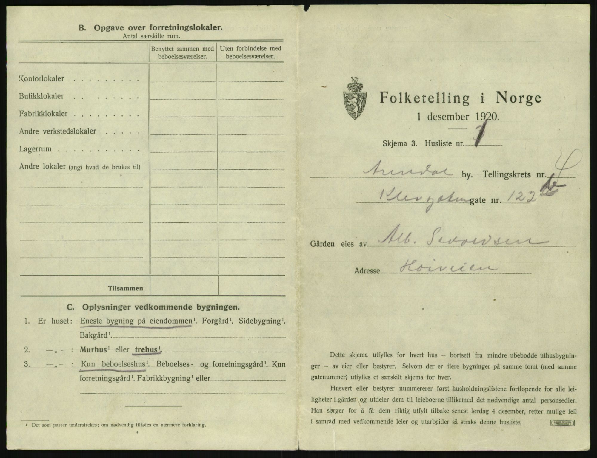 SAK, 1920 census for Arendal, 1920, p. 458