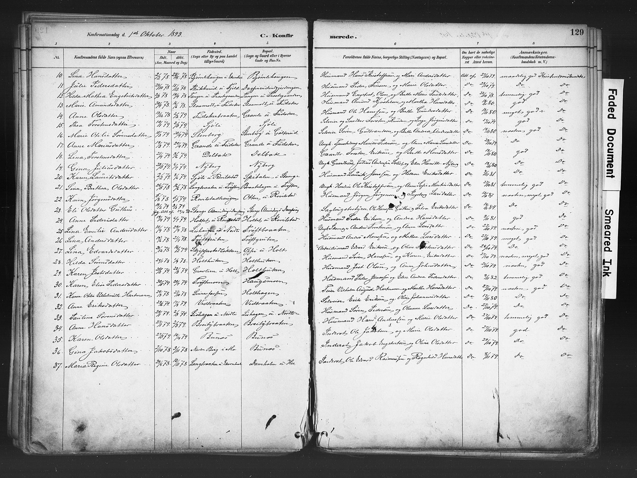 Nord-Odal prestekontor, SAH/PREST-032/H/Ha/Haa/L0006: Parish register (official) no. 6, 1886-1901, p. 129