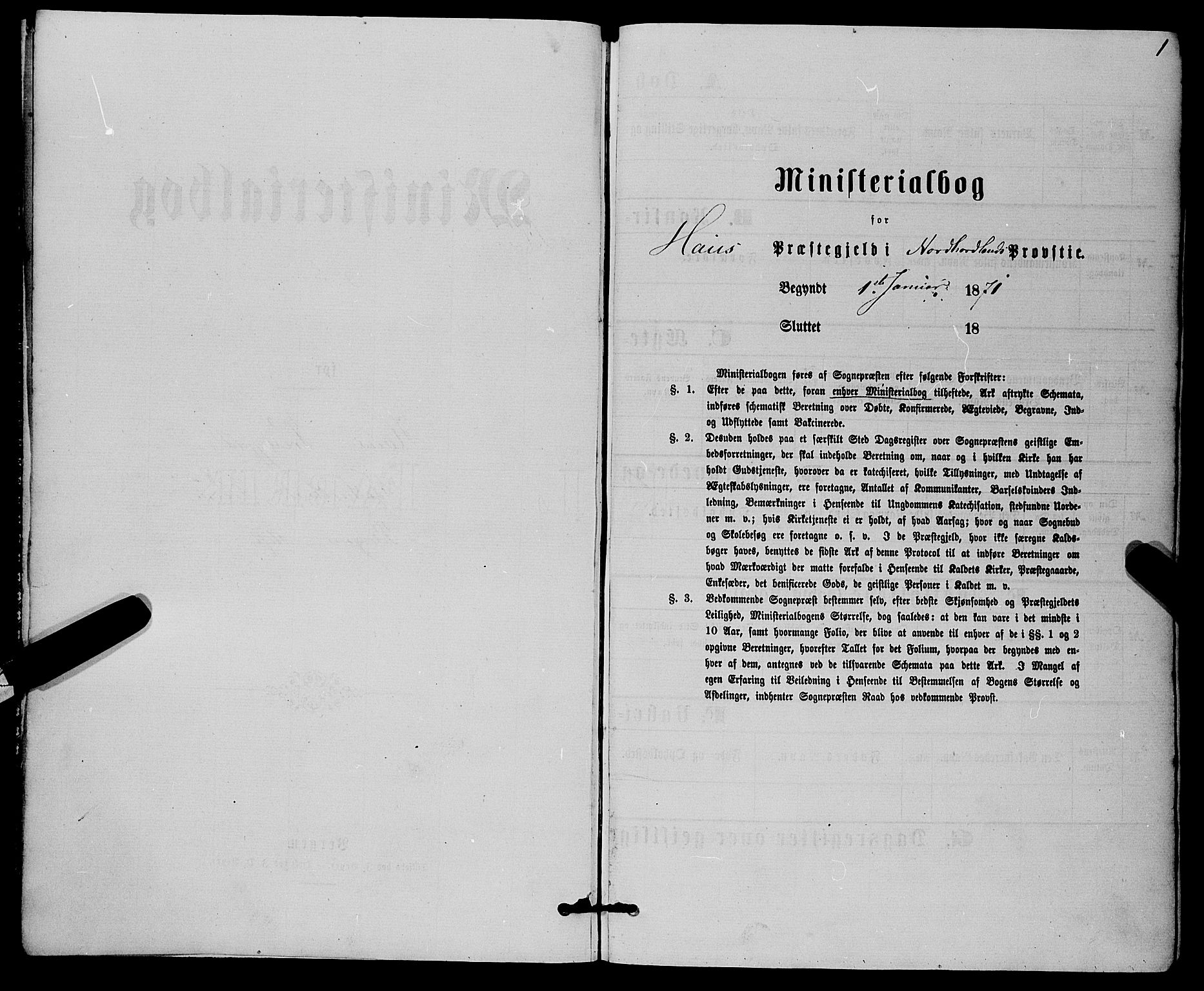 Haus sokneprestembete, AV/SAB-A-75601/H/Haa: Parish register (official) no. A 18, 1871-1877, p. 1