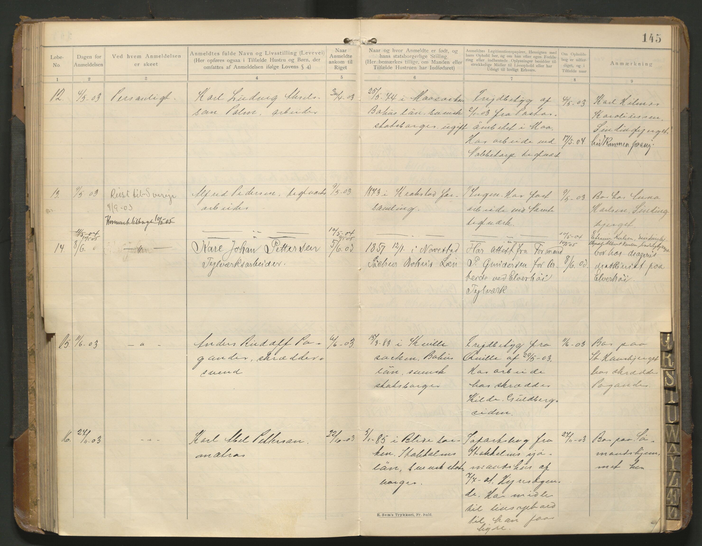 Fredrikstad politikammer, AV/SAO-A-10055/H/Hb/Hba/L0001: Protokoll over fremmede statsborgere, 1901-1916, p. 144b-145a