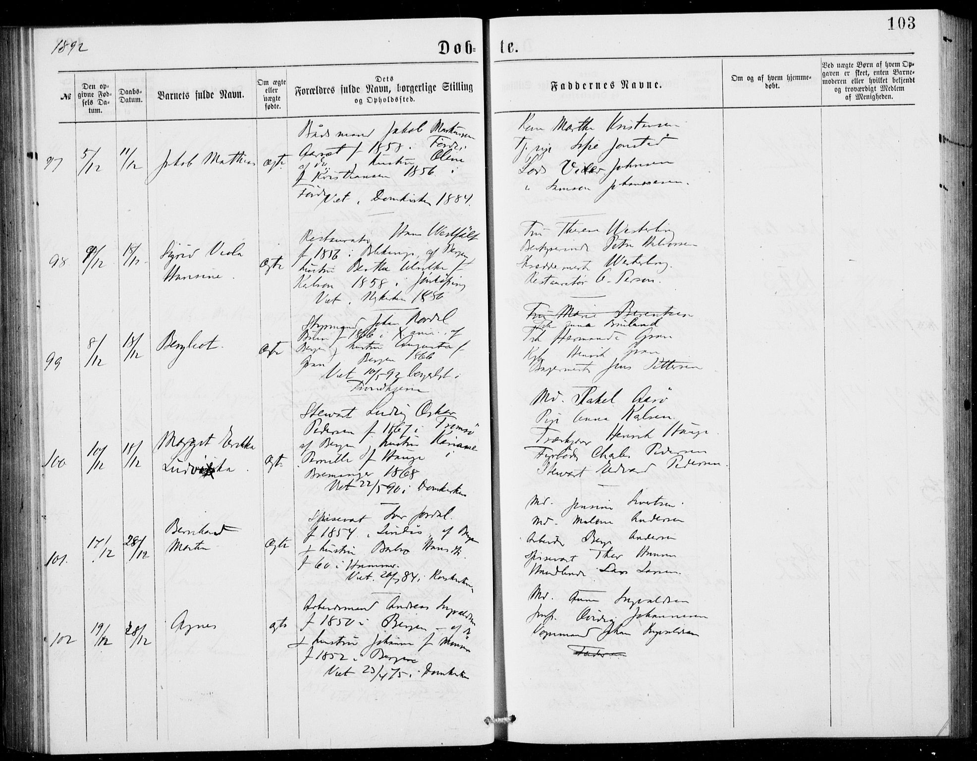 Fødselsstiftelsens sokneprestembete, ført av overlegen*, SAB/-: Parish register (official) no. A 2, 1884-1900, p. 103