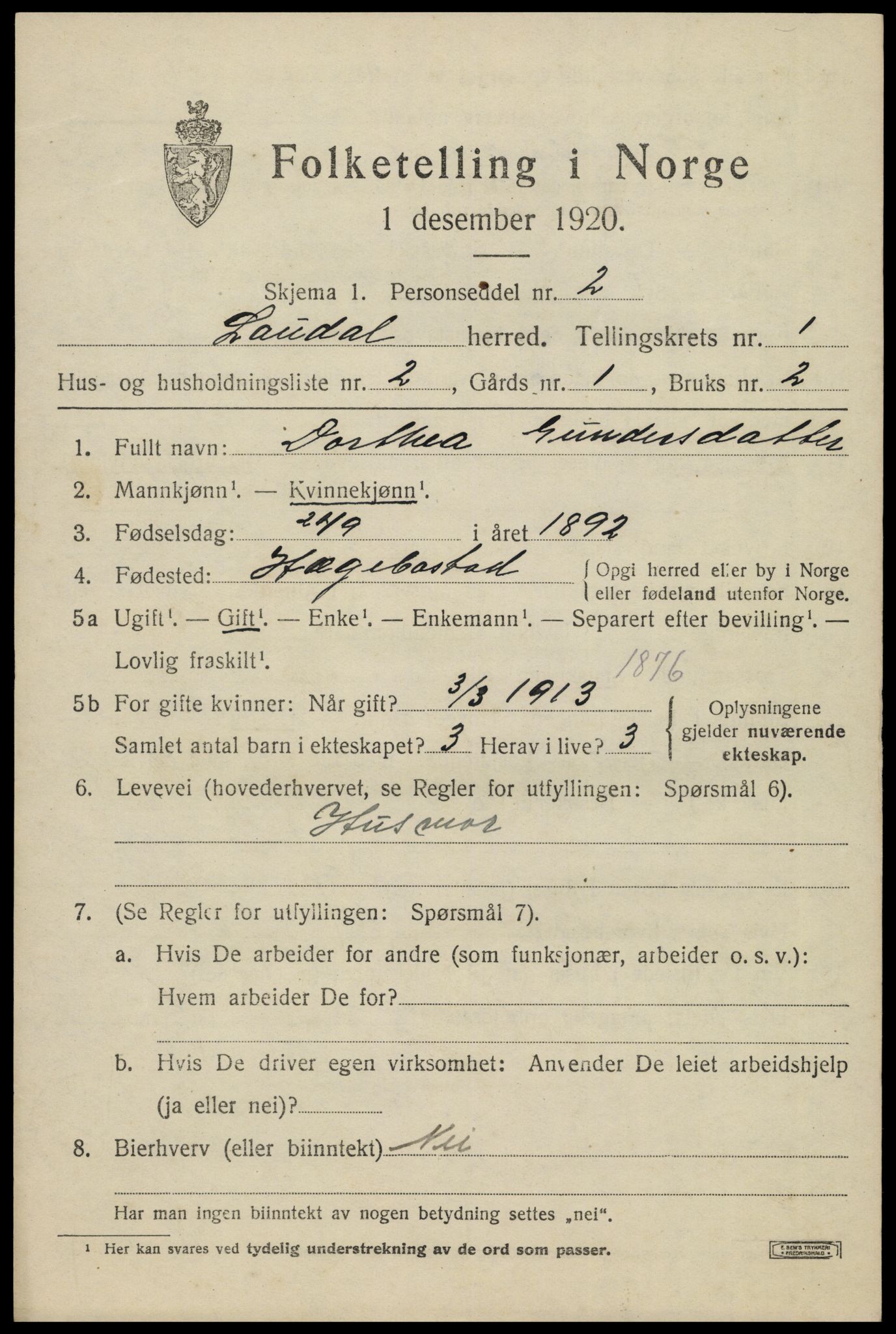 SAK, 1920 census for Laudal, 1920, p. 400