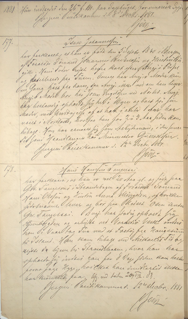 Bergen politikammer / politidistrikt, AV/SAB-A-60401/I/Ic, 1881-1884