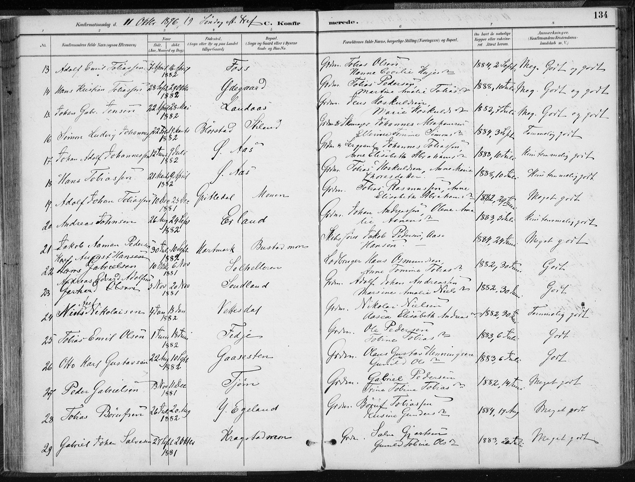 Sør-Audnedal sokneprestkontor, AV/SAK-1111-0039/F/Fa/Fab/L0010: Parish register (official) no. A 10, 1892-1913, p. 134