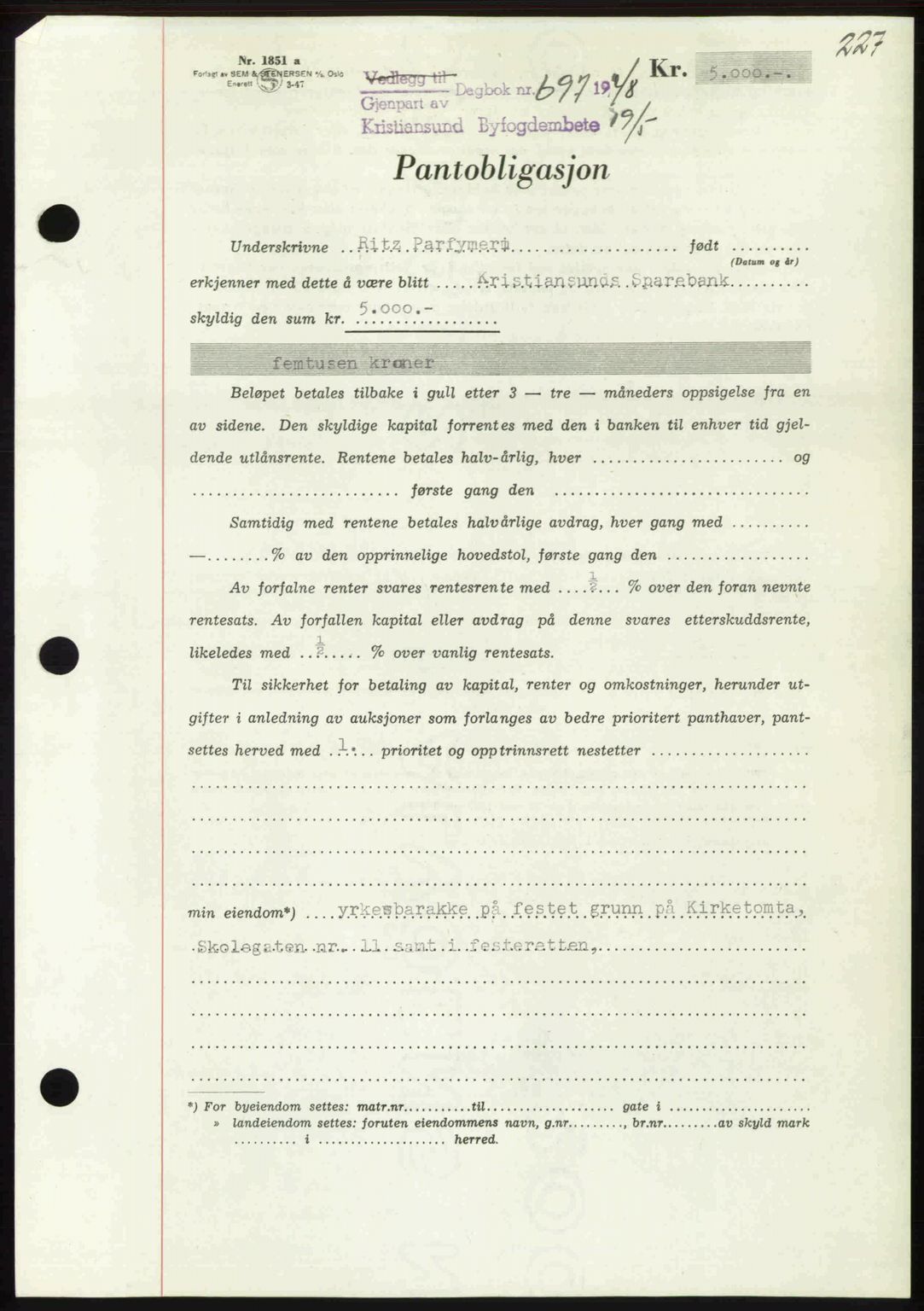 Kristiansund byfogd, AV/SAT-A-4587/A/27: Mortgage book no. 44, 1947-1948, Diary no: : 697/1948