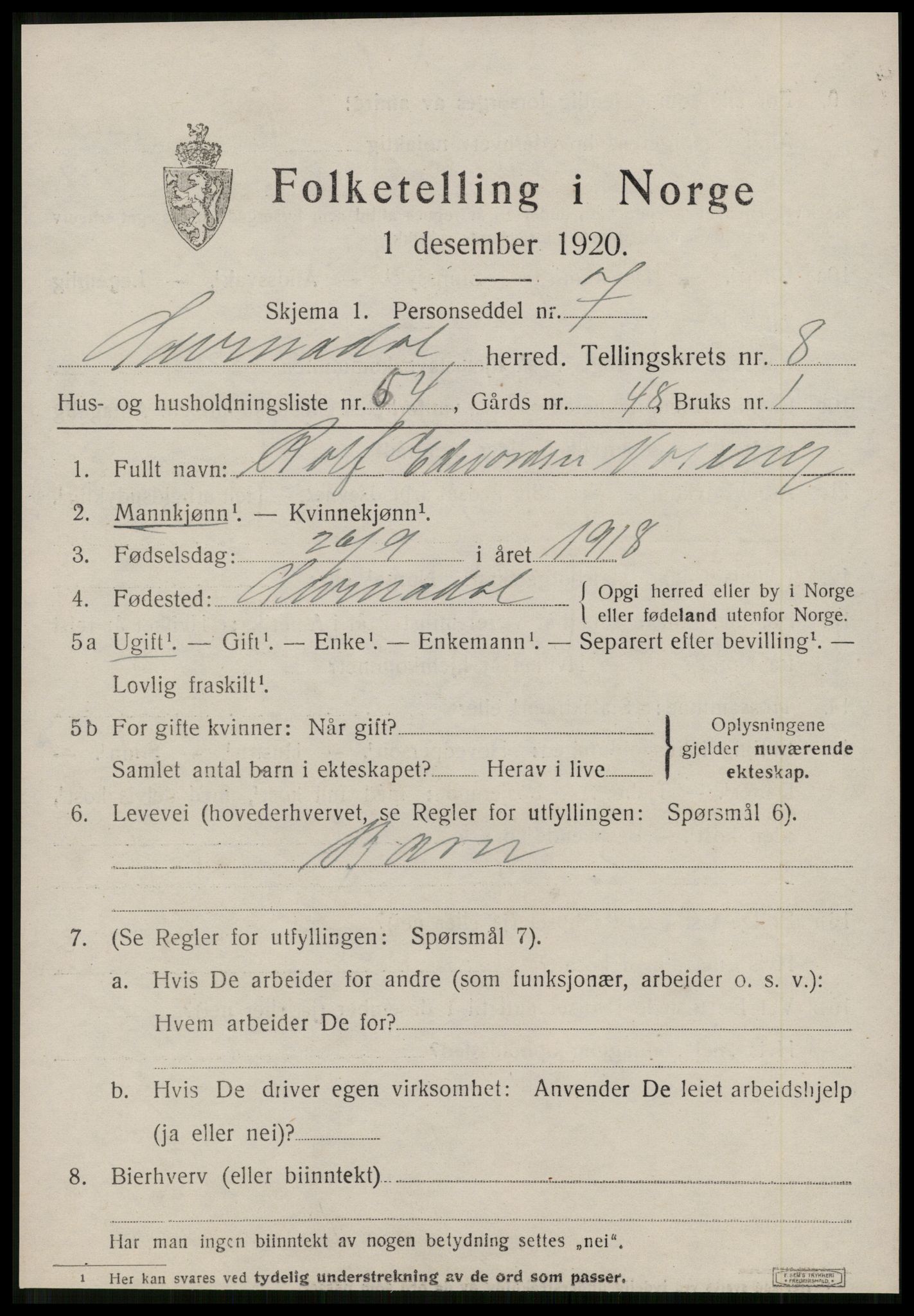 SAT, 1920 census for Surnadal, 1920, p. 6347