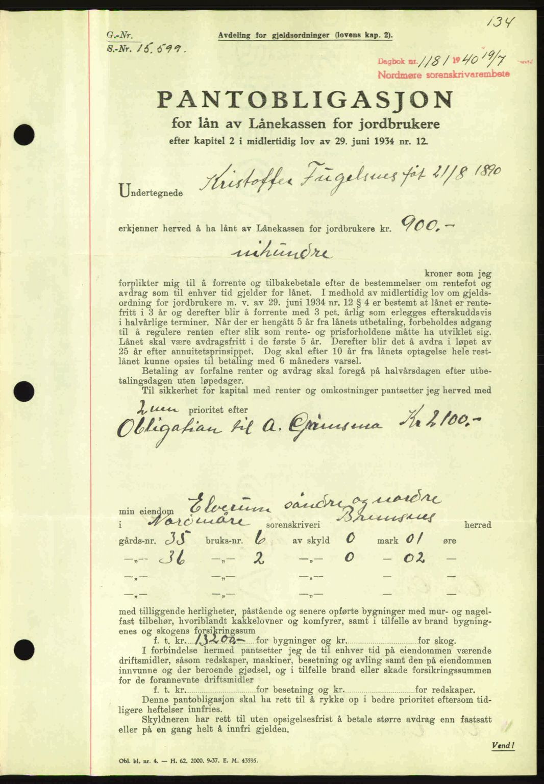 Nordmøre sorenskriveri, AV/SAT-A-4132/1/2/2Ca: Mortgage book no. B87, 1940-1941, Diary no: : 1181/1940