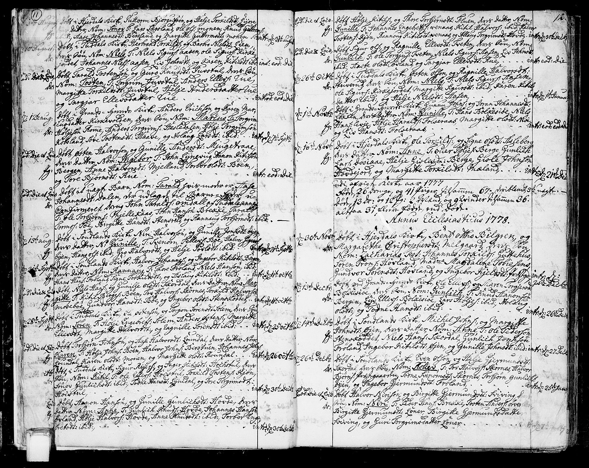 Hjartdal kirkebøker, SAKO/A-270/F/Fa/L0005: Parish register (official) no. I 5, 1776-1801, p. 11-12