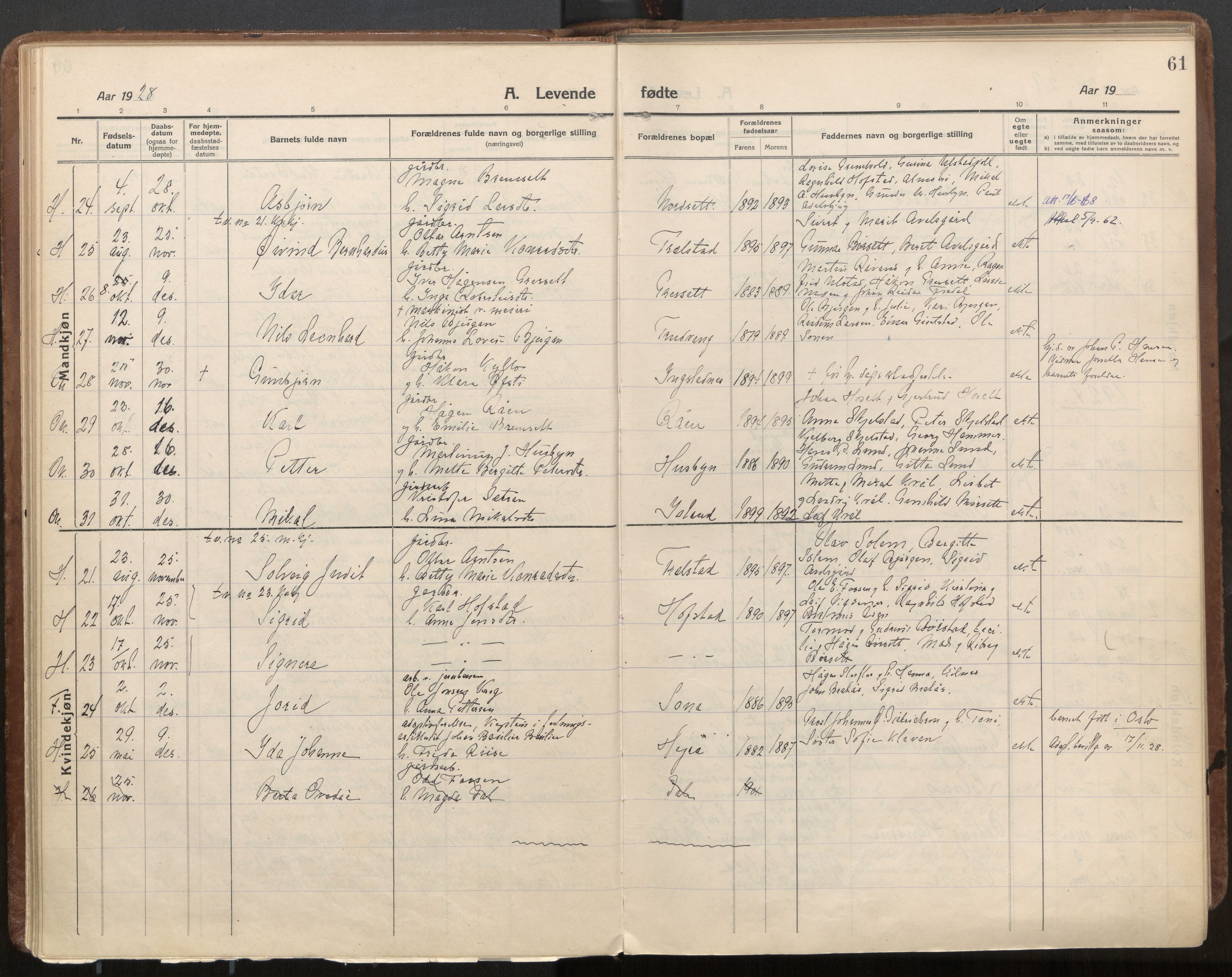 Ministerialprotokoller, klokkerbøker og fødselsregistre - Nord-Trøndelag, SAT/A-1458/703/L0037: Parish register (official) no. 703A10, 1915-1932, p. 61