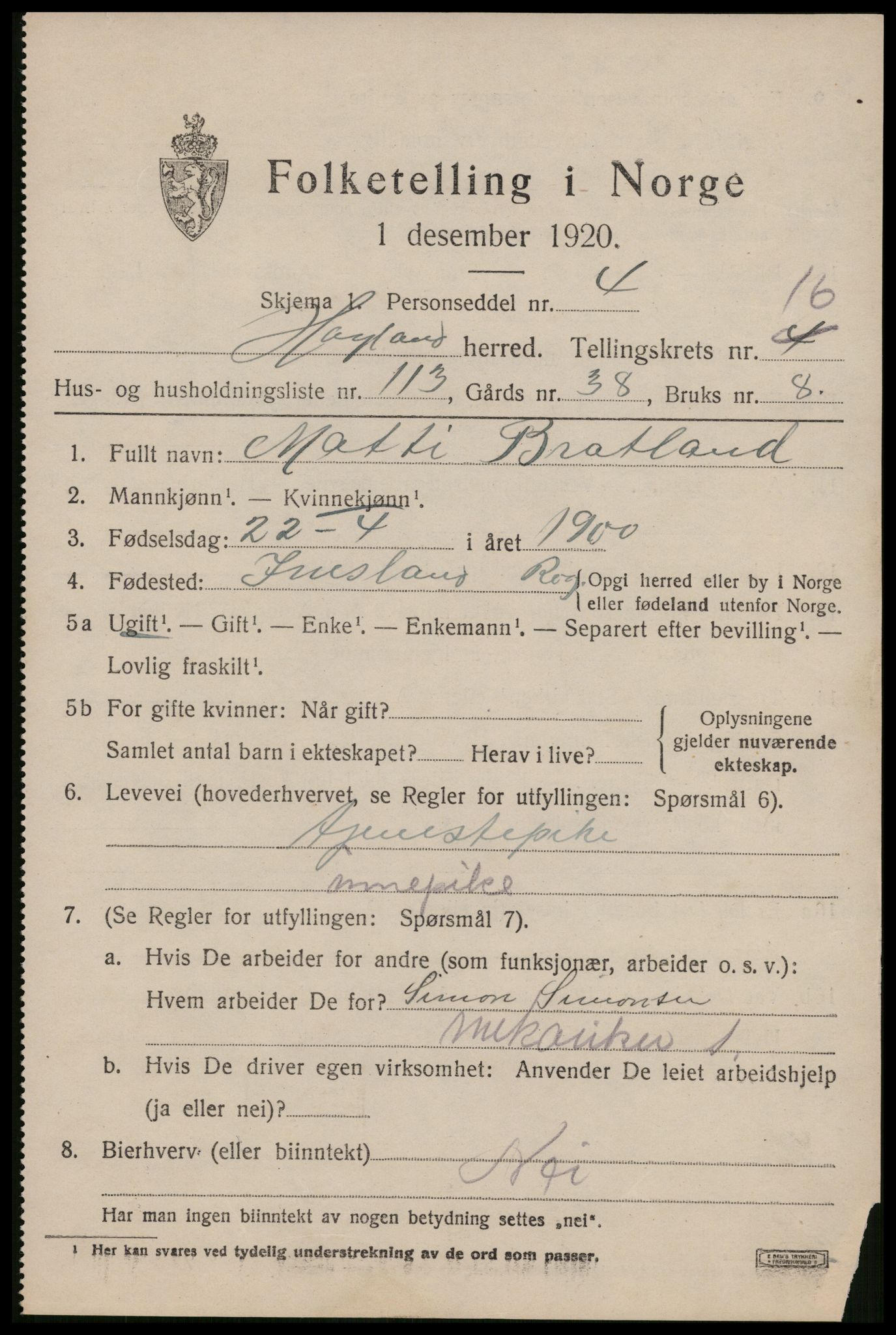 SAST, 1920 census for Høyland, 1920, p. 15590