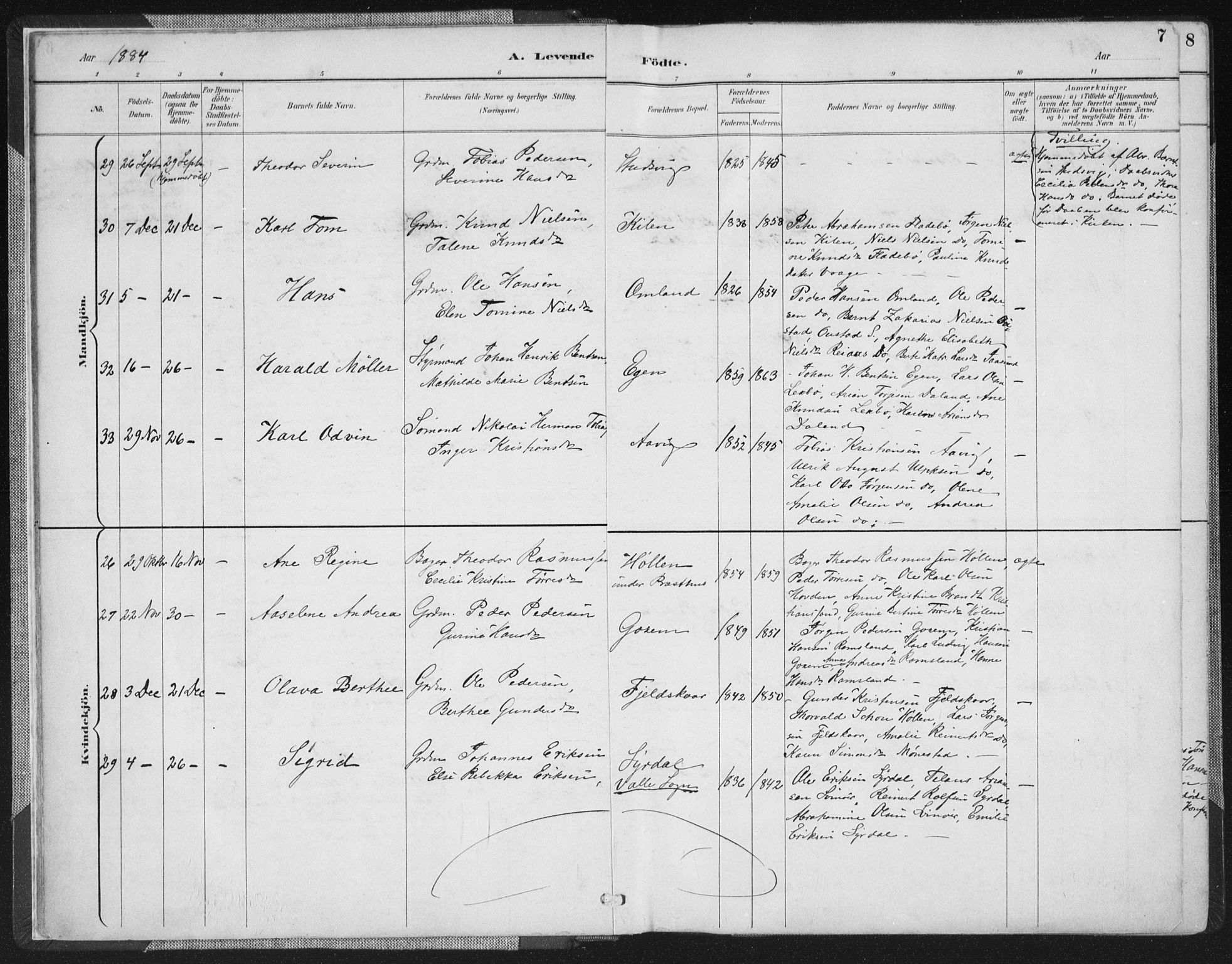 Sør-Audnedal sokneprestkontor, AV/SAK-1111-0039/F/Fa/Faa/L0004: Parish register (official) no. A 4, 1884-1909, p. 7