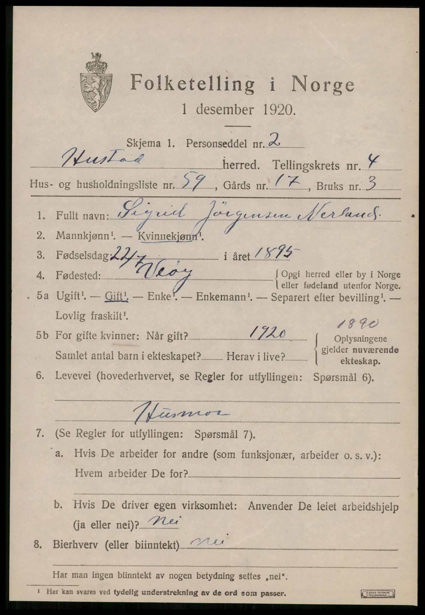 SAT, 1920 census for Hustad, 1920, p. 3585