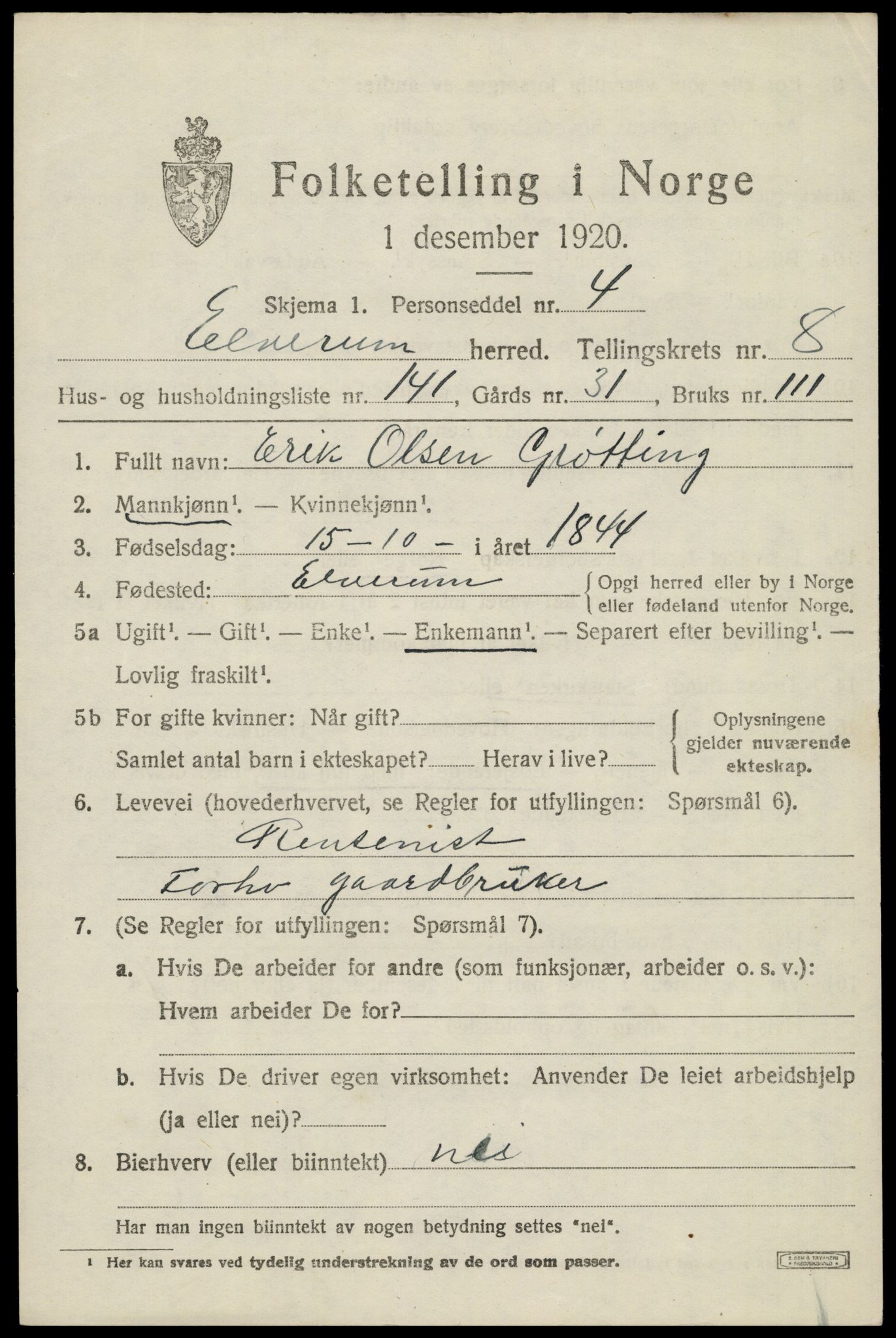 SAH, 1920 census for Elverum, 1920, p. 15558