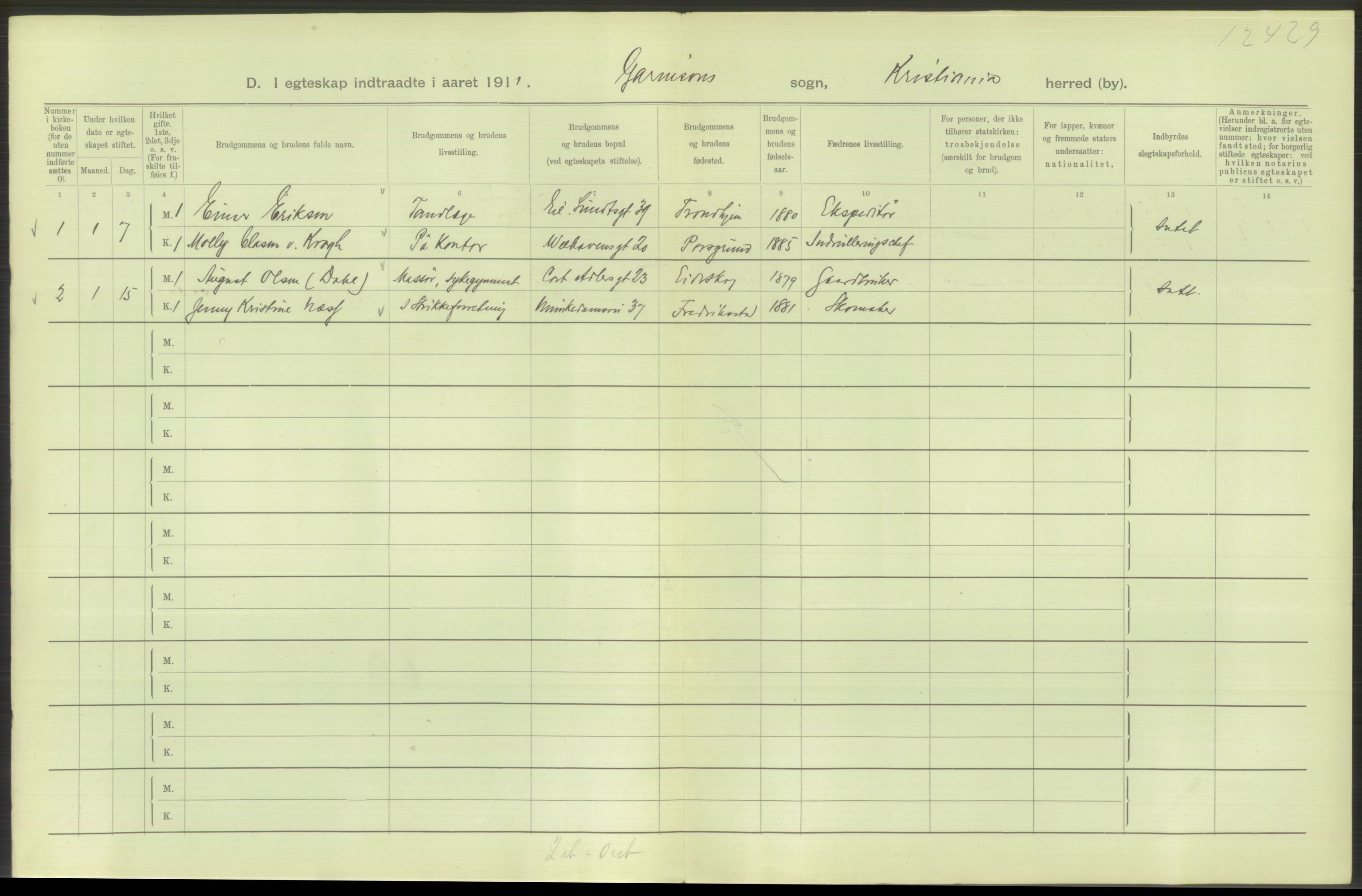 Statistisk sentralbyrå, Sosiodemografiske emner, Befolkning, AV/RA-S-2228/D/Df/Dfb/Dfba/L0008: Kristiania: Gifte, 1911, p. 186