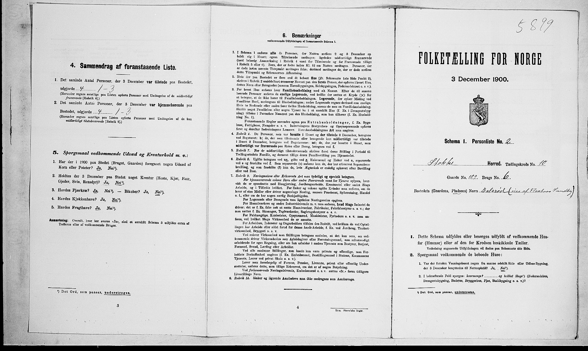 RA, 1900 census for Stokke, 1900, p. 1600