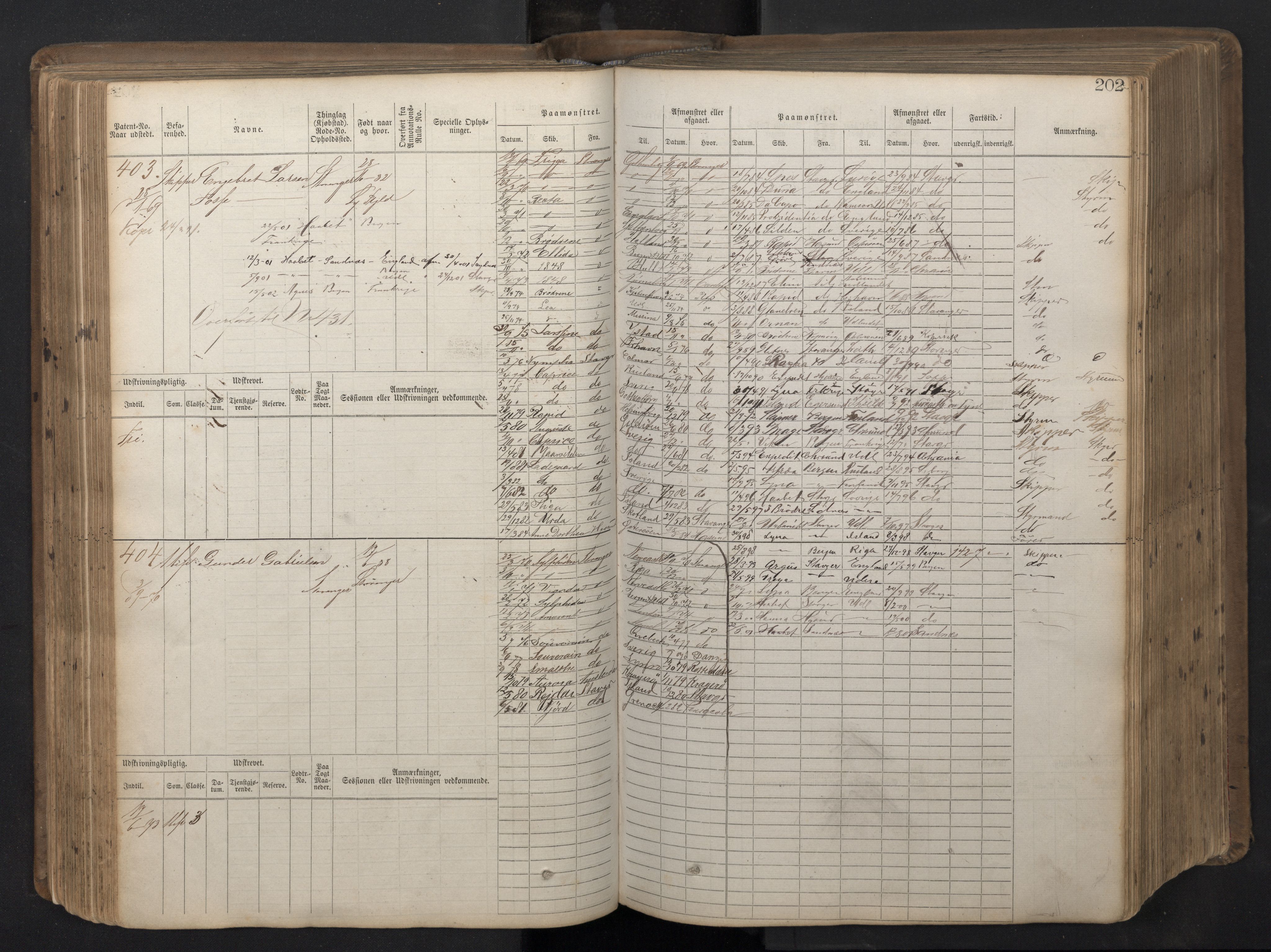 Stavanger sjømannskontor, AV/SAST-A-102006/F/Fb/Fbb/L0016: Sjøfartshovedrulle patnentnr. 1-1202 (dublett), 1869, p. 202