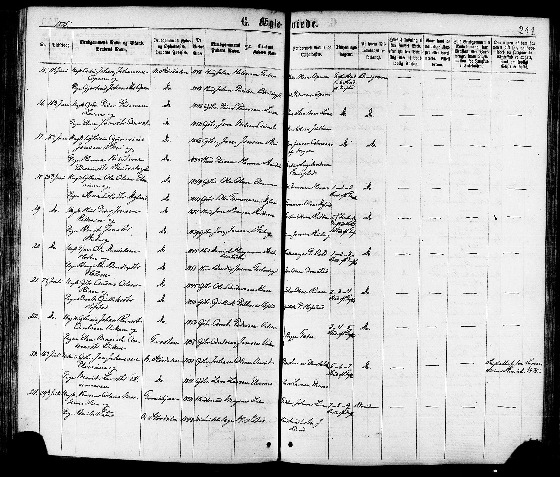 Ministerialprotokoller, klokkerbøker og fødselsregistre - Nord-Trøndelag, AV/SAT-A-1458/709/L0076: Parish register (official) no. 709A16, 1871-1879, p. 241