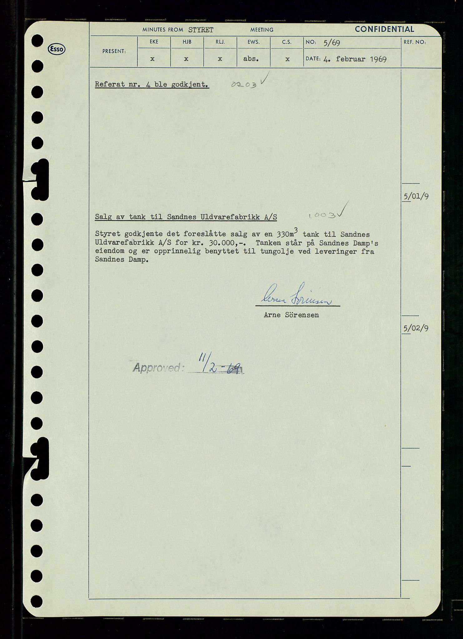 Pa 0982 - Esso Norge A/S, SAST/A-100448/A/Aa/L0003/0001: Den administrerende direksjon Board minutes (styrereferater) og Bedriftforsamlingsprotokoll / Den administrerende direksjon Board minutes (styrereferater), 1969, p. 6