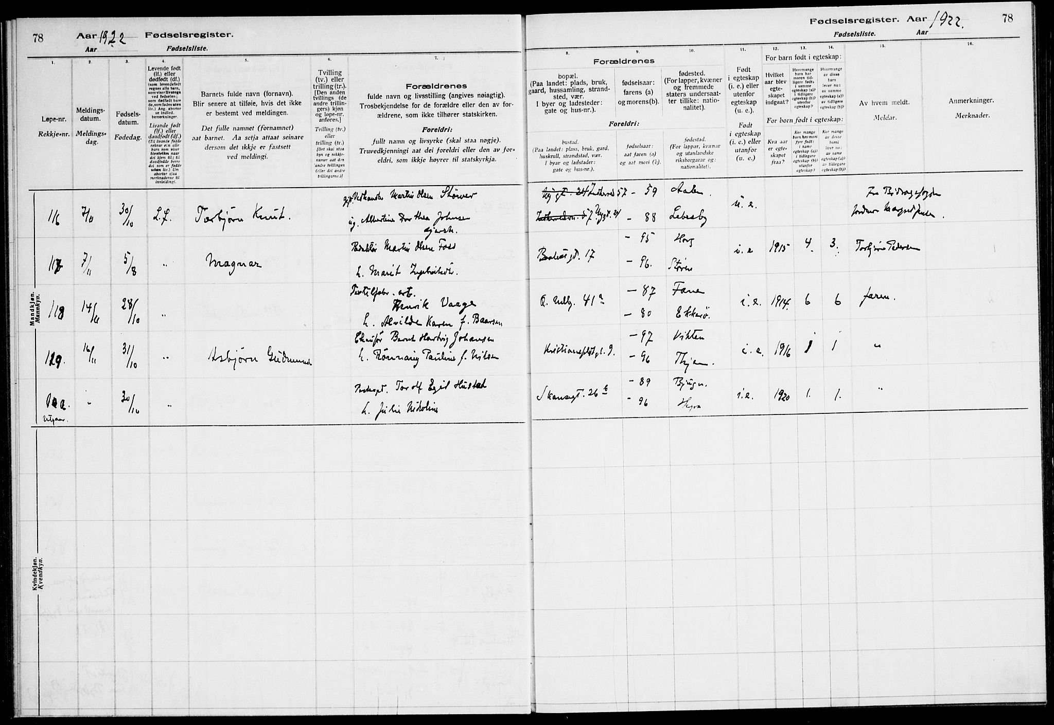 Ministerialprotokoller, klokkerbøker og fødselsregistre - Sør-Trøndelag, AV/SAT-A-1456/604/L0233: Birth register no. 604.II.4.2, 1920-1928, p. 78