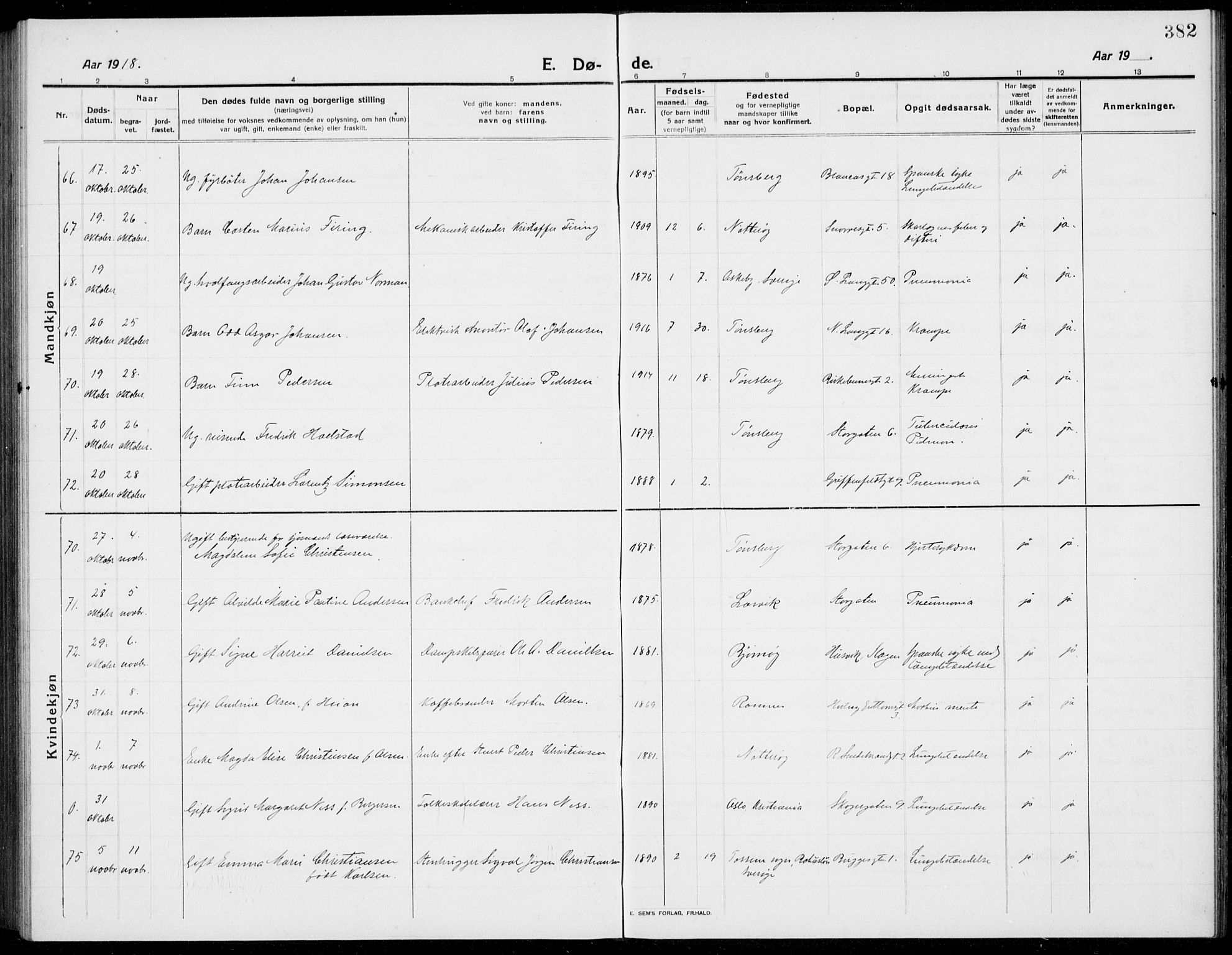 Tønsberg kirkebøker, AV/SAKO-A-330/G/Ga/L0009: Parish register (copy) no. 9, 1913-1920, p. 382