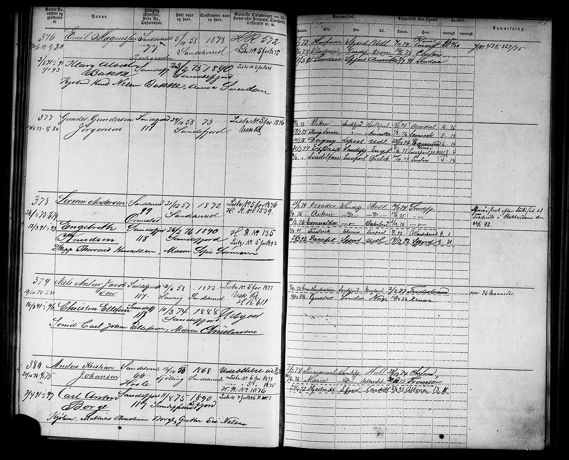 Sandefjord innrulleringskontor, AV/SAKO-A-788/F/Fa/L0002: Annotasjonsrulle, 1868-1869, p. 78
